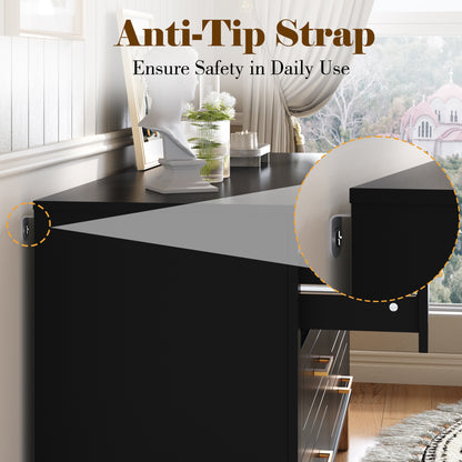 6-Drawer Double Dresser, Modern Storage Cabinet with Metal Handles & Solid Wood Legs, Dresser Drawer Organizer for Kids Bedroom, Heavy-Duty Wooden Dresser with Pre-Installed,Black image 5