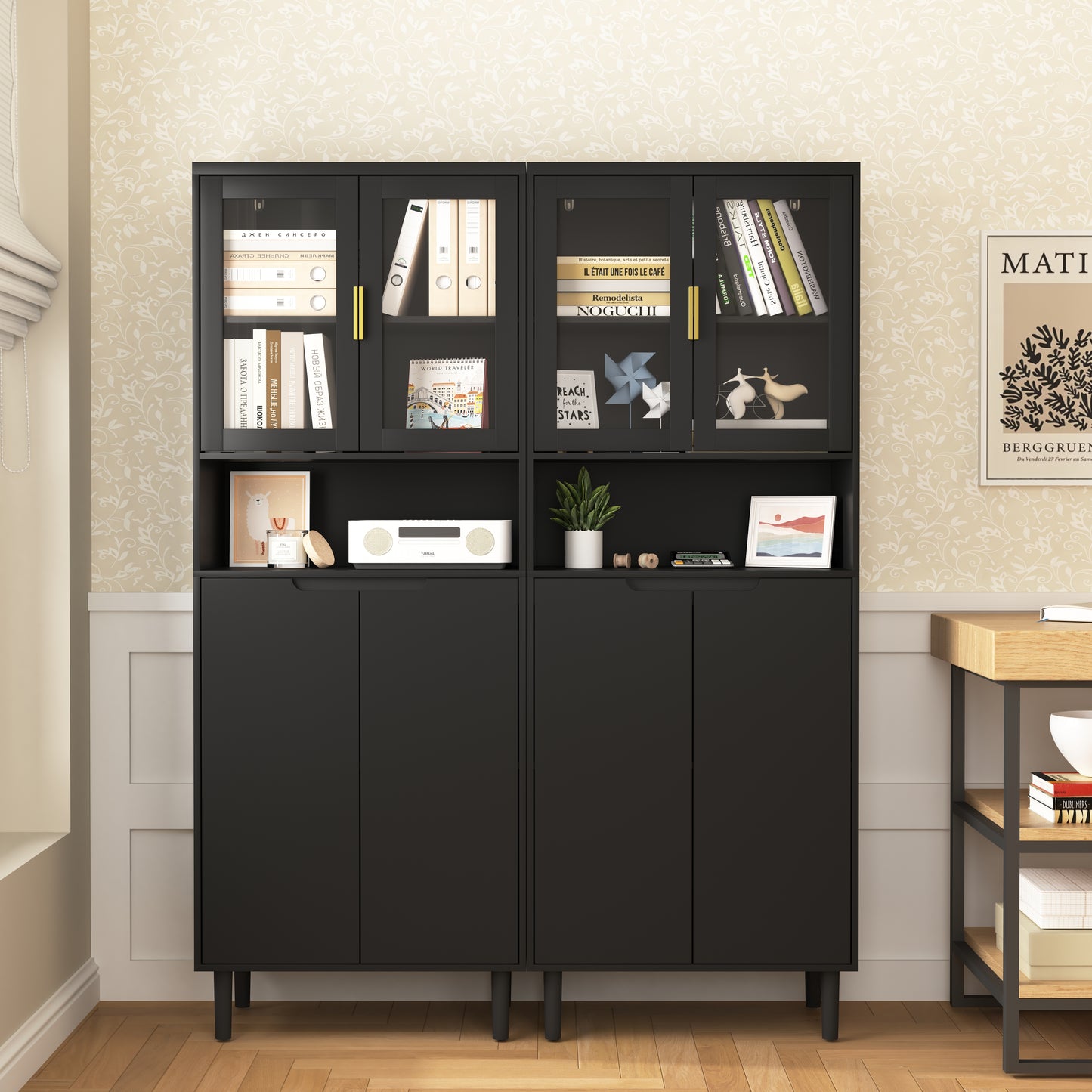Tempered Glass Door Tall Storage Bookcase with adjustable board, 4 doors MDF painting finished cabinet, Black, Living room Bedroom storage image 5