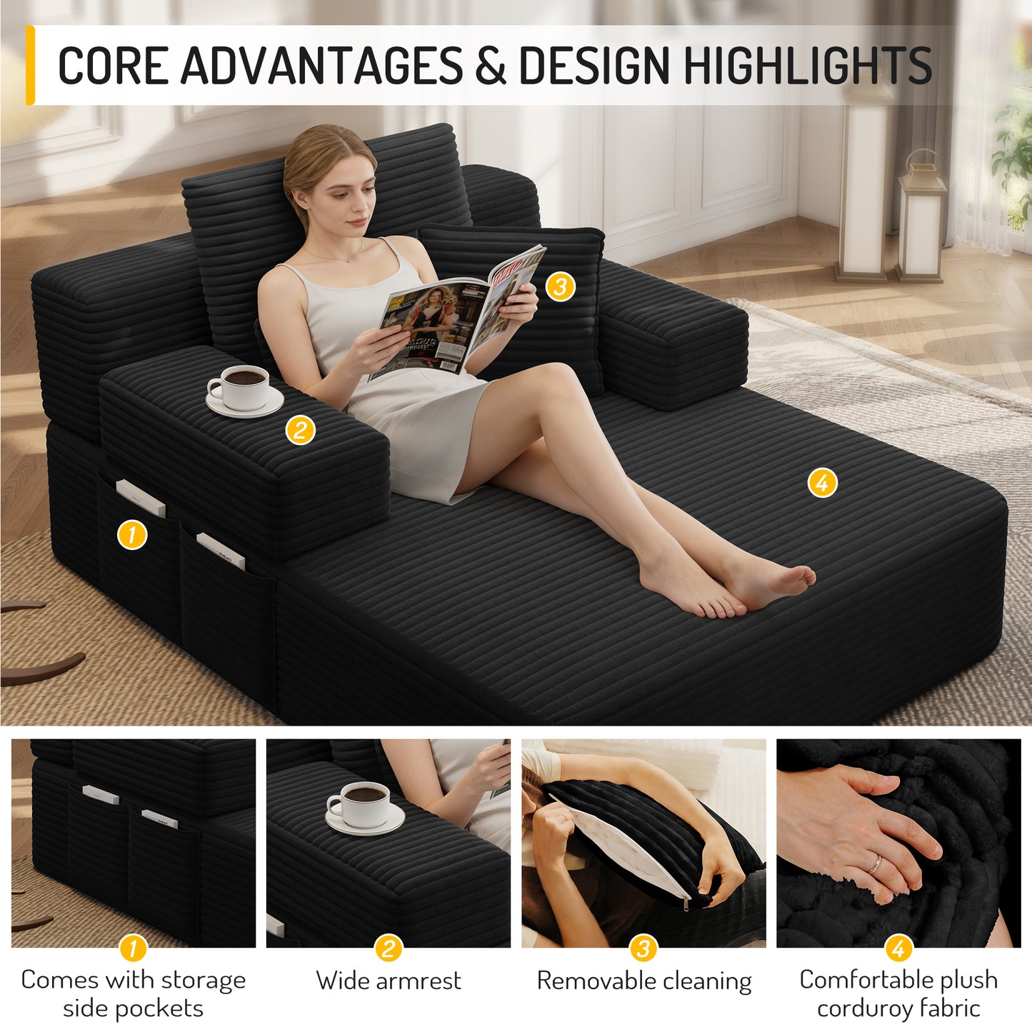 Luxurious Plush Corduroy Chaise Lounge with 3 Pillows, Convertible Sofa Bed with Storage Pocket, Frameless Design & Compression Foam for Small Spaces, Living Room, Apartment,Black image 10
