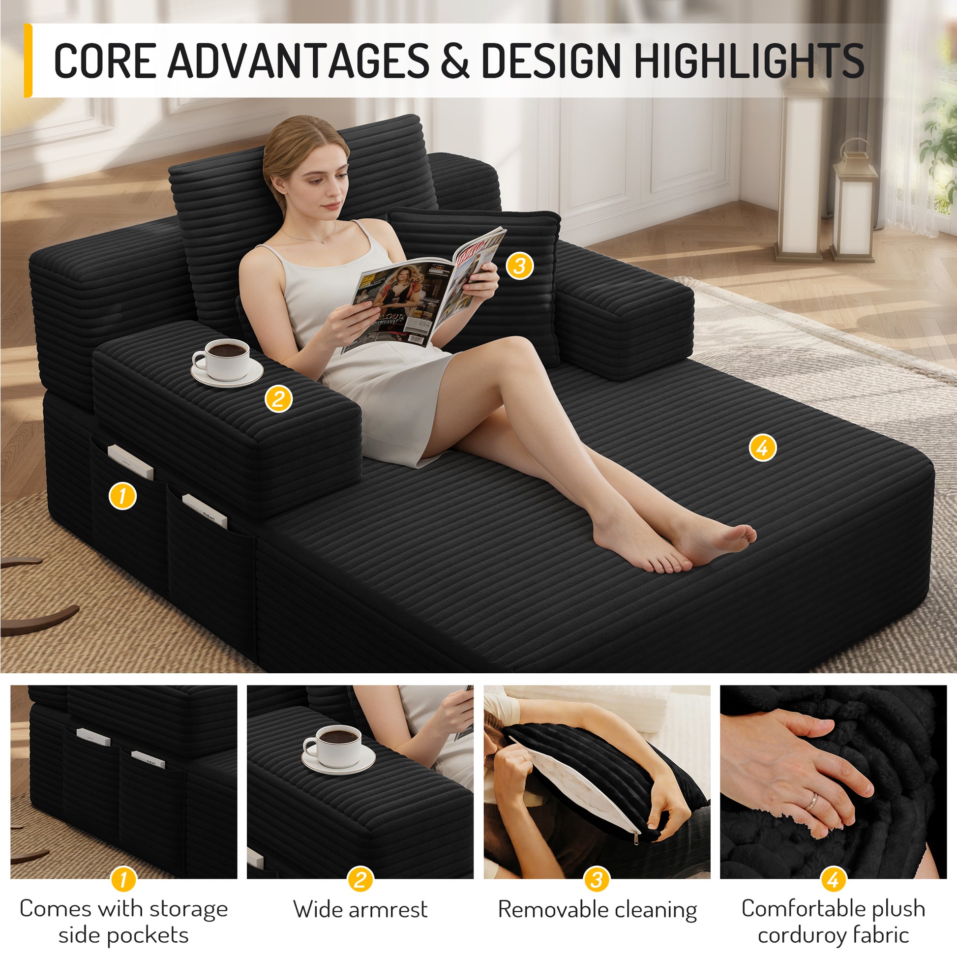 Luxurious Plush Corduroy Chaise Lounge with 3 Pillows, Convertible Sofa Bed with Storage Pocket, Frameless Design & Compression Foam for Small Spaces, Living Room, Apartment,Black image 10