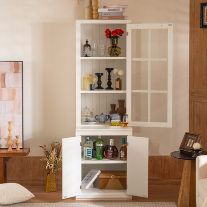 75.25'' Tall Freestanding Pantry Cabinet with Glass Door & Lattice Window, Farmhouse Display Cabinets with Storage, Hutch with Double-Action LH&RH Door, for Hallways, Livingroom Kitchen & Office,White image 10