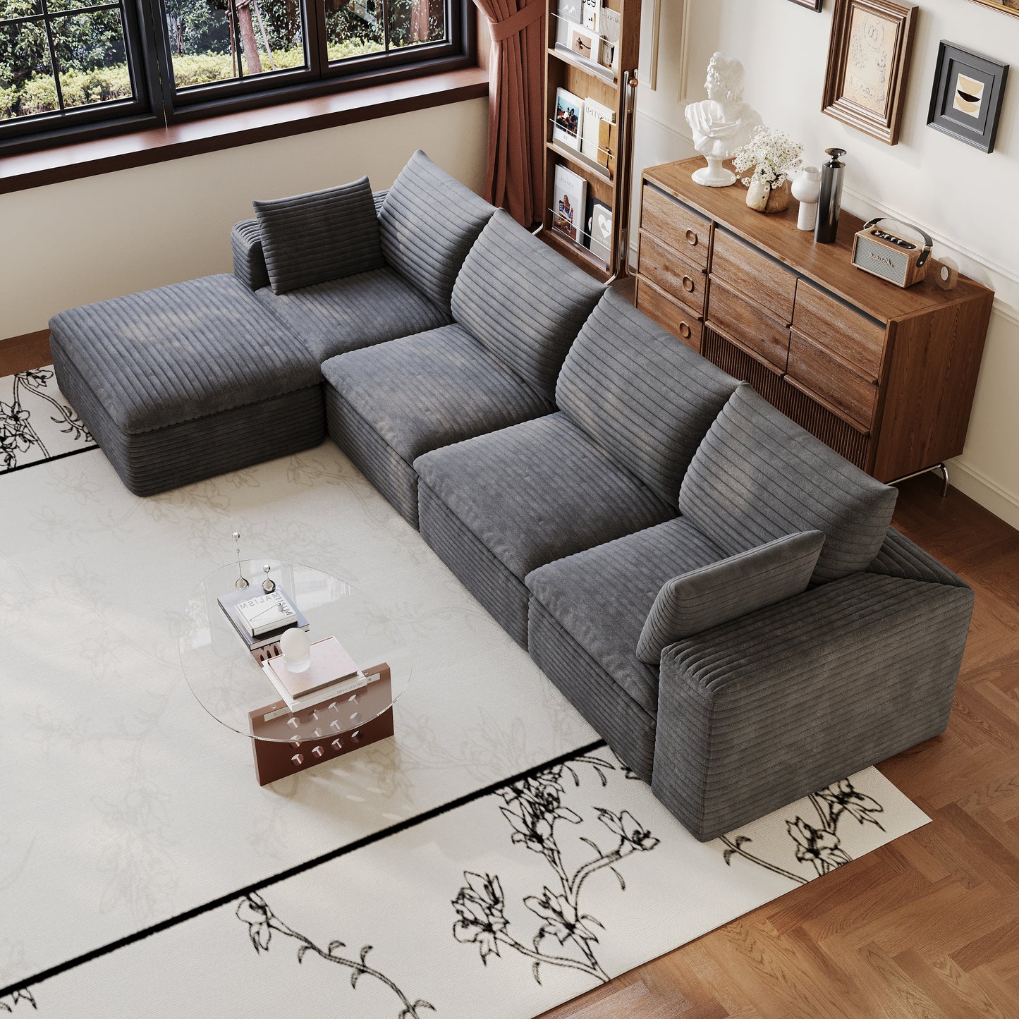 134" Cloud Sofa,Corduroy Fabric,Deep Seat Couches,Double-layer design,Removable Cushion,No Assembly, DIY Combination for Living room, Bedroom,Conference room,Apartment,Dark Grey image 5