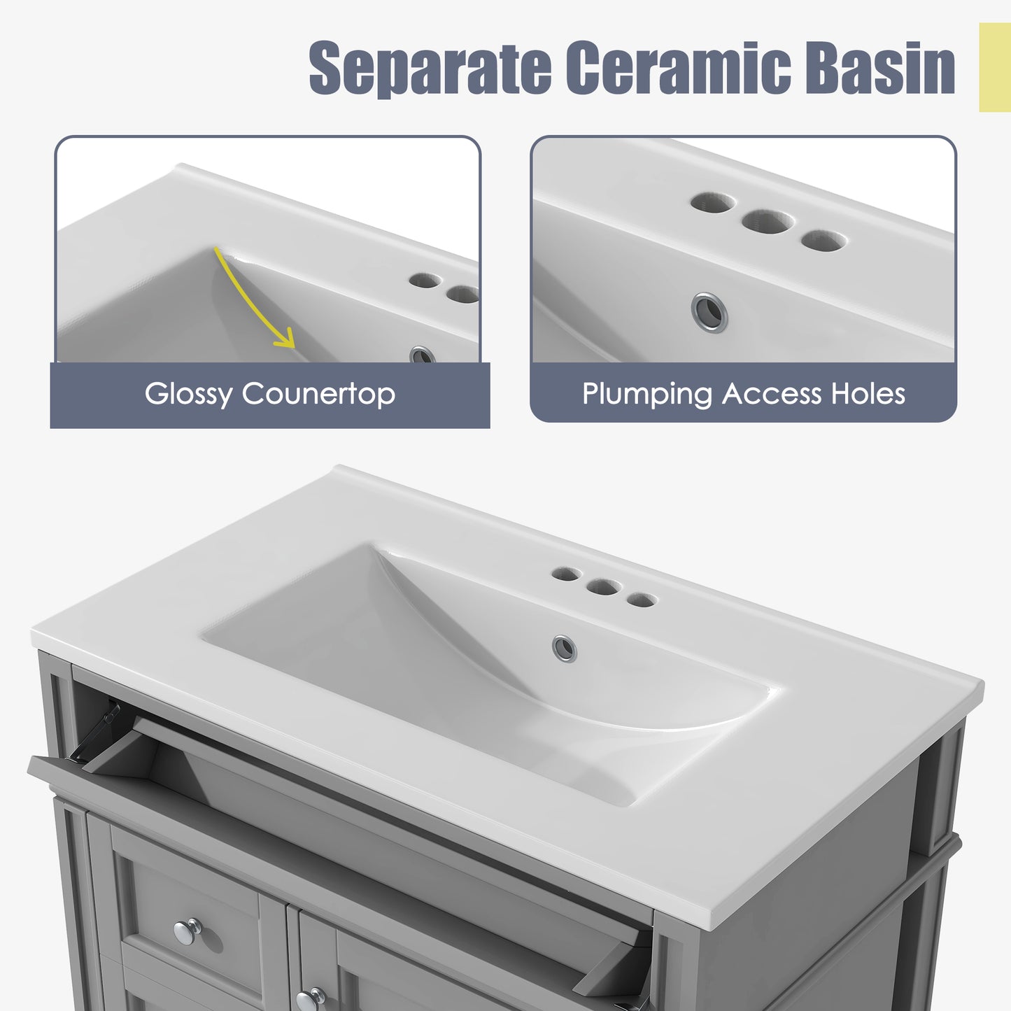 30'' Bathroom Vanity with Top Sink, Modern Bathroom Storage Cabinet with 2 Drawers and a Tip-out Drawer, Single Sink Bathroom Vanity image 7