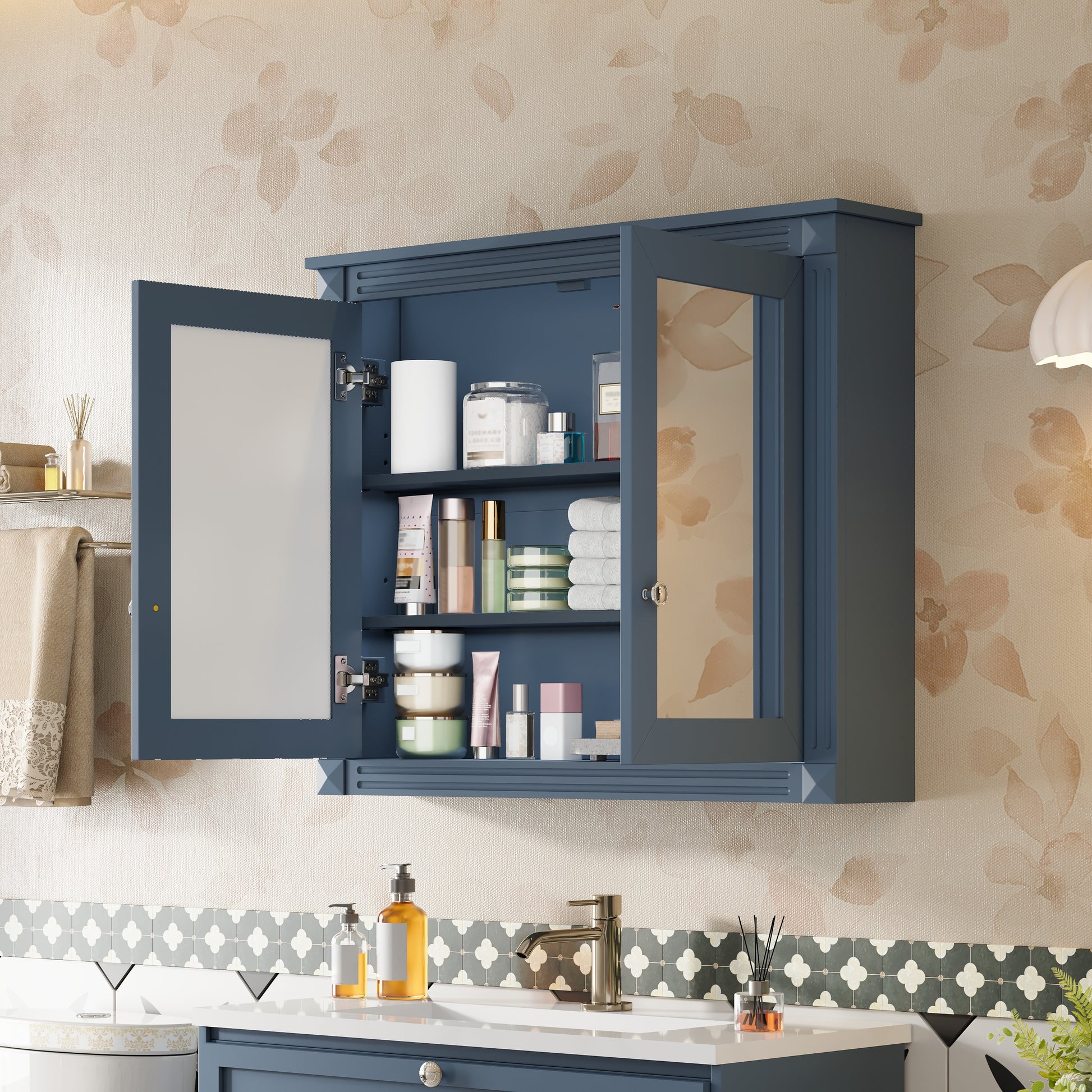 36'' x 28'' Medicine Cabinet, Wall Mounted Bathroom Storage Cabinet, Modern Bathroom Wall Cabinet with 2 Mirrors, Medicine Cabinet, Mirror Cabinet with 2 Adjustable Shelves image 2