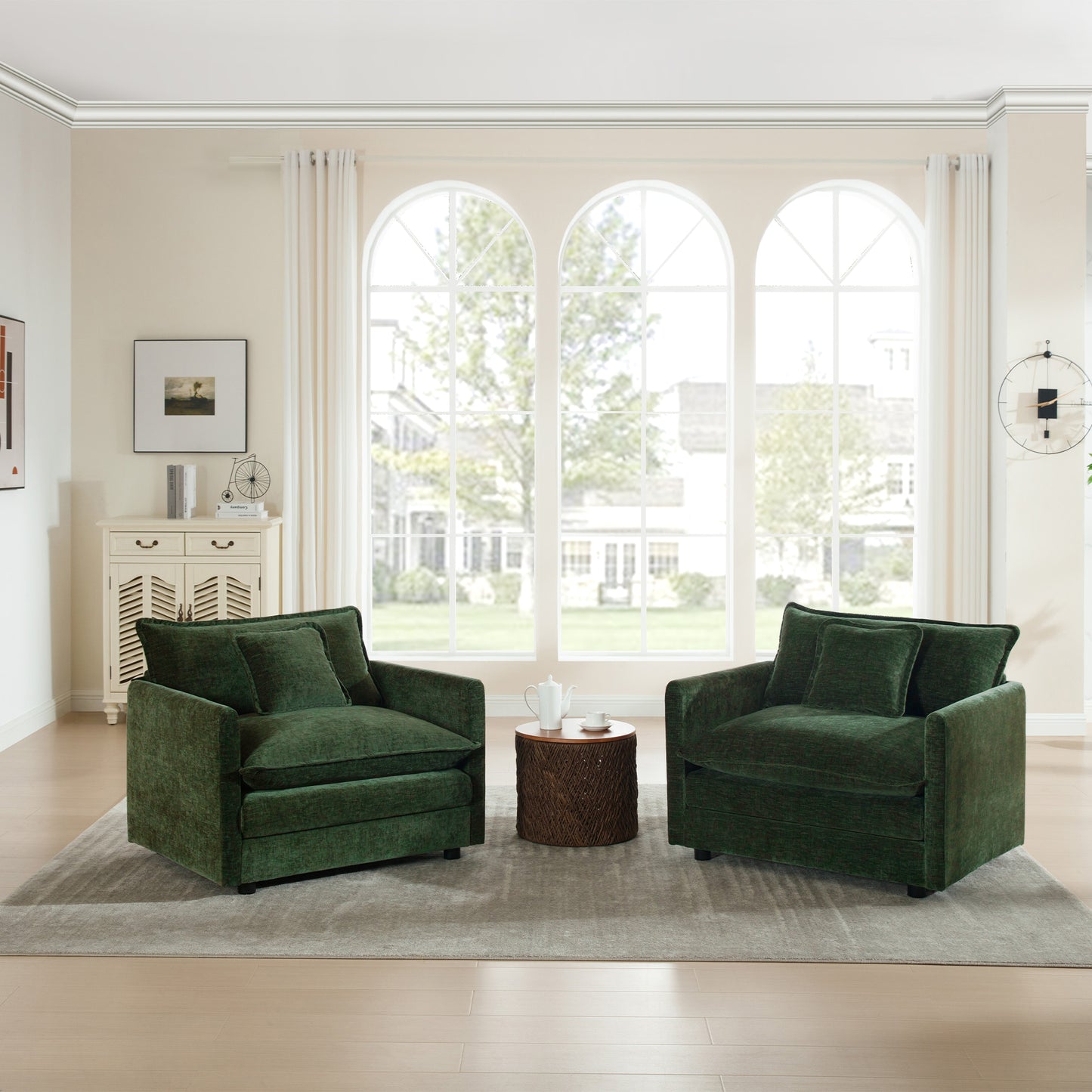 Accent Chair Set of 2, High-end Chenille Upholstered Armchairs, Living Room Side Chairs with Toss Pillow, Green Chenille image 1