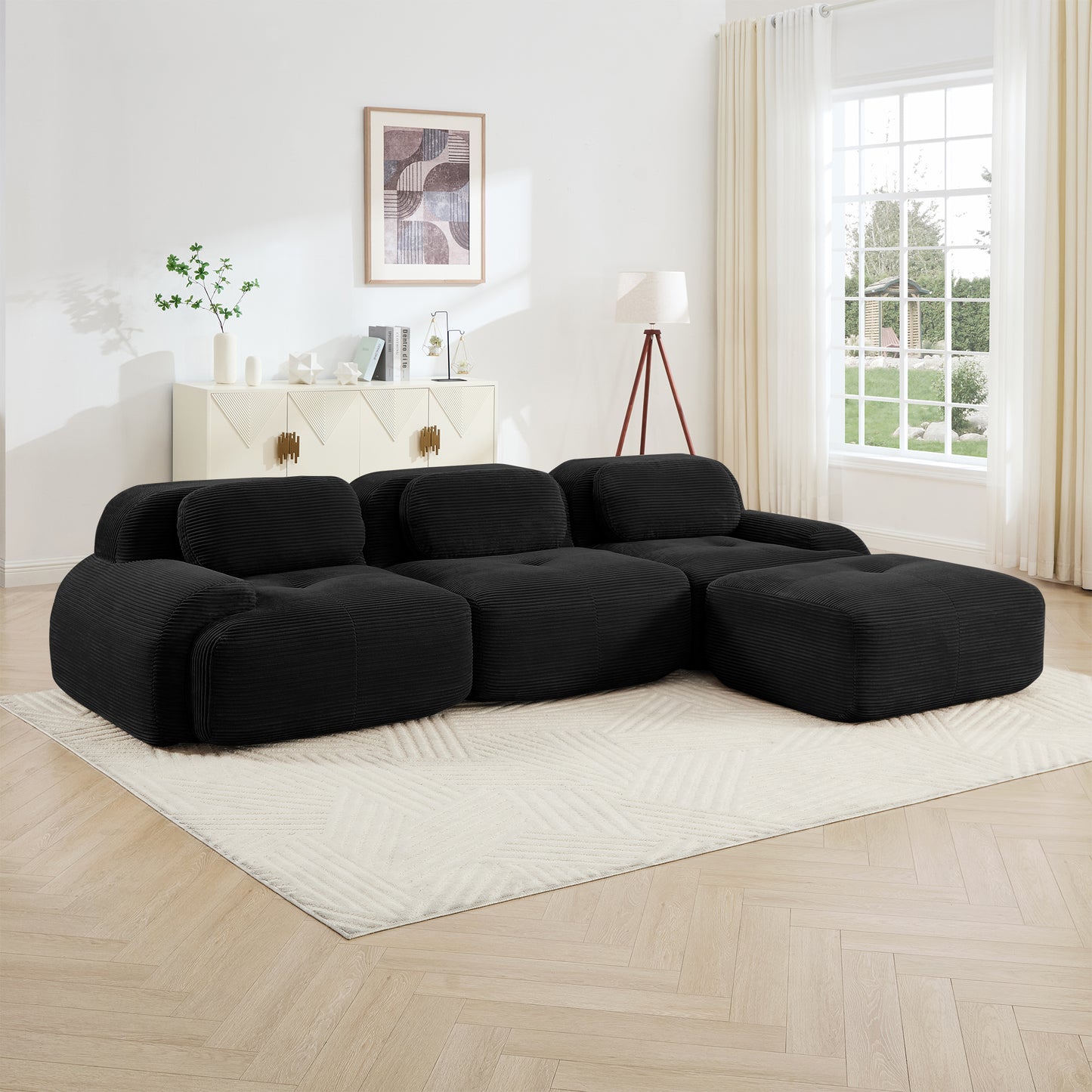 L-shaped modular sofa no assembly ergonomic design pet-friendly luxuryCorduroy Fabric fabric extra-wide curved armrests 32D high-resilience sponge for living rooms bedroom,Black image 2