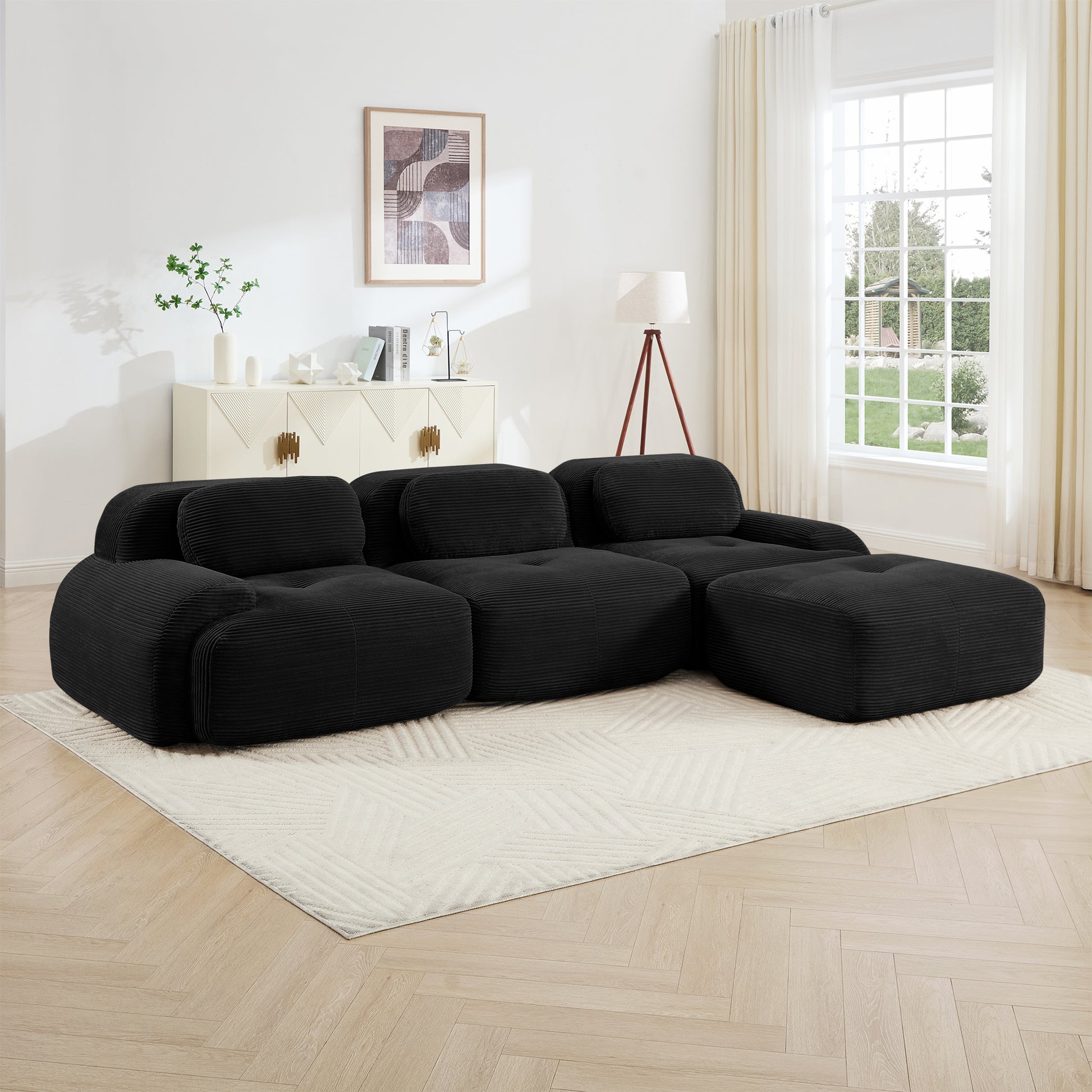L-shaped modular sofa no assembly ergonomic design pet-friendly luxuryCorduroy Fabric fabric extra-wide curved armrests 32D high-resilience sponge for living rooms bedroom,Black image 2