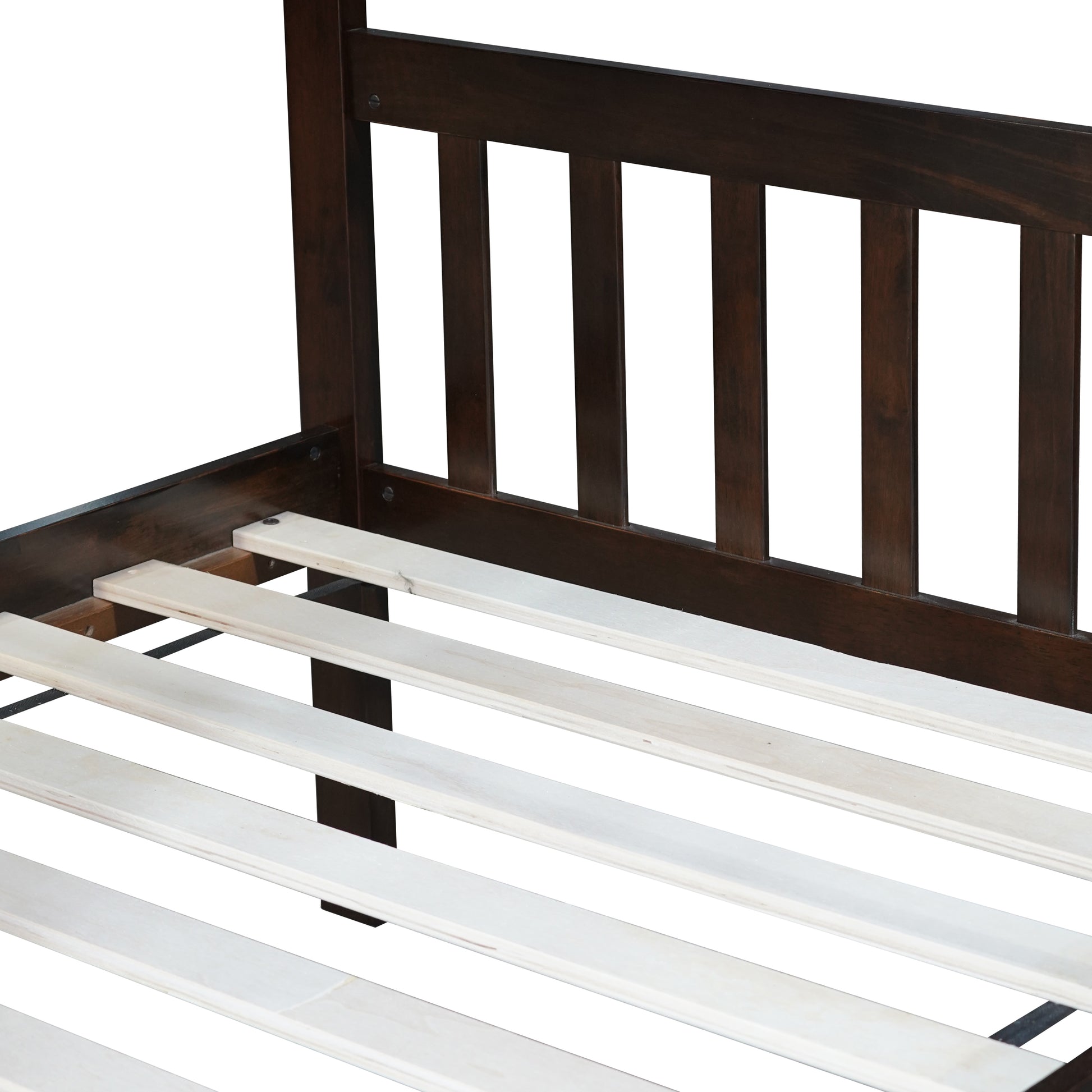 Twin Over Twin Rubber Wood Bunk Bed with Trundle, Convertible into Twin Size Beds, Twin Size Bunk Bed with Ladder and Safety Guardrails,Espresso image 6