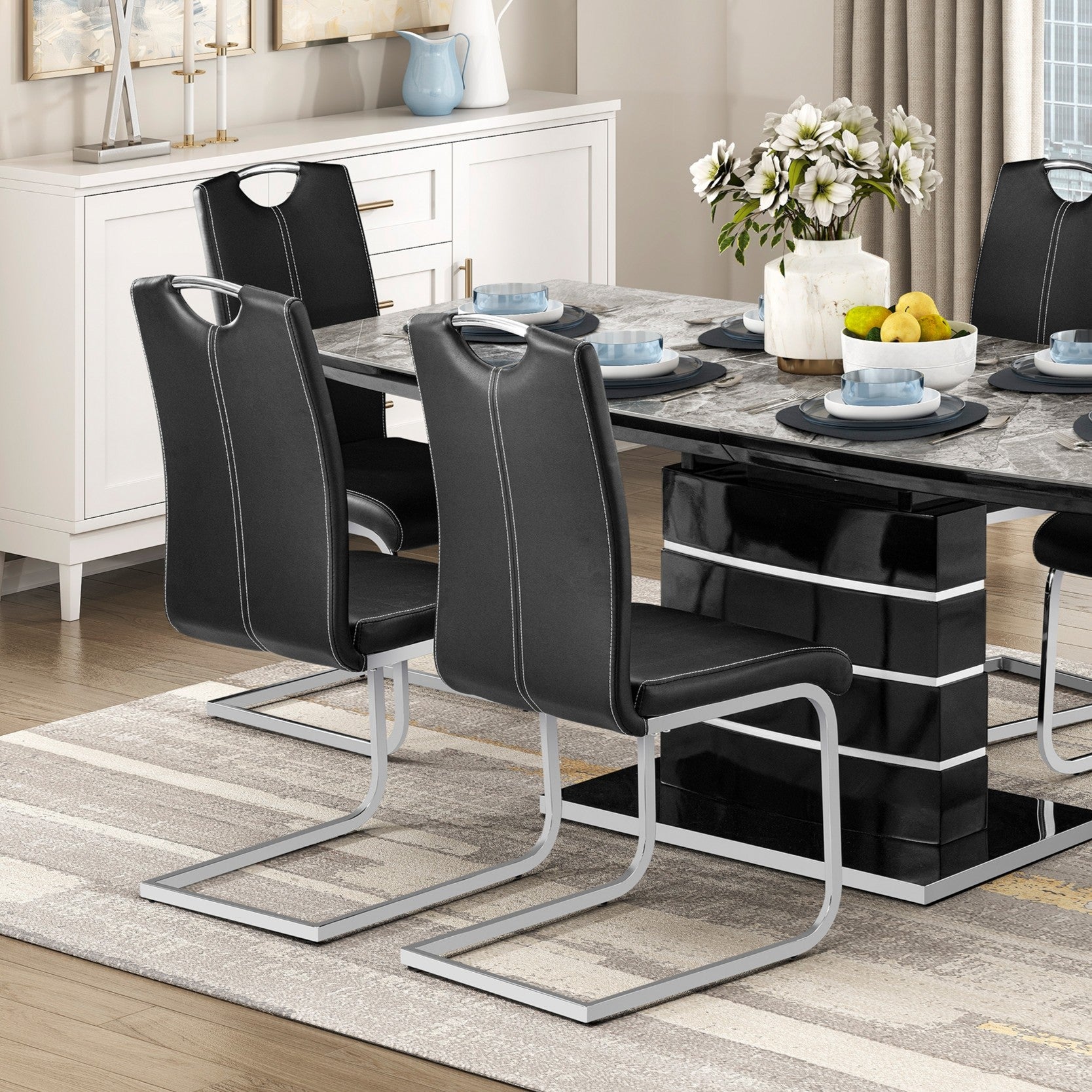 Modern Glam Dining Side Chairs Set of 2 Black Faux Leather Upholstery Chrome Finish Metal Legs Dining Room Furniture image 6