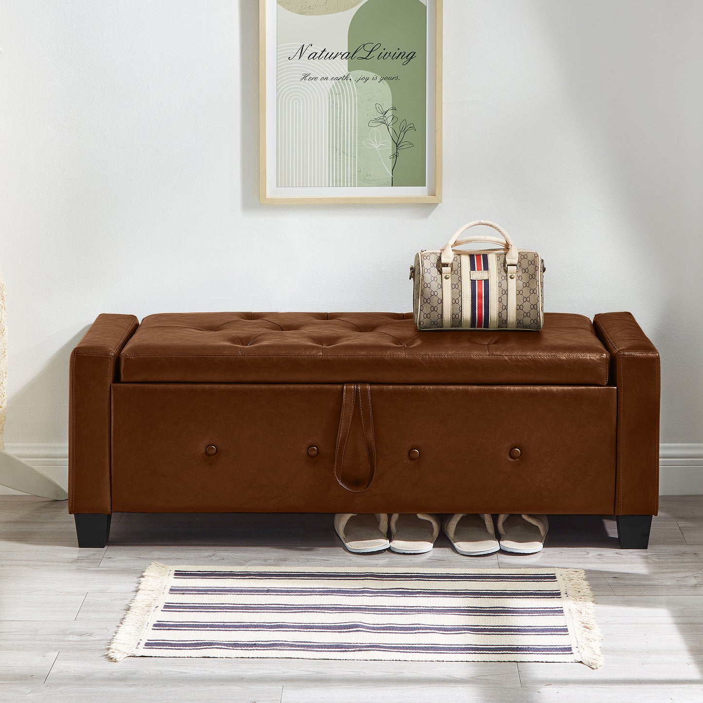 48" Ottoman Bench with Storage, Bench for Bedroom,Living Room,Hallway, Upholstered Tufted Faux Leather PU Ottoman Brown image 5