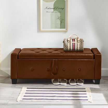 48" Ottoman Bench with Storage, Bench for Bedroom,Living Room,Hallway, Upholstered Tufted Faux Leather PU Ottoman Brown image 5