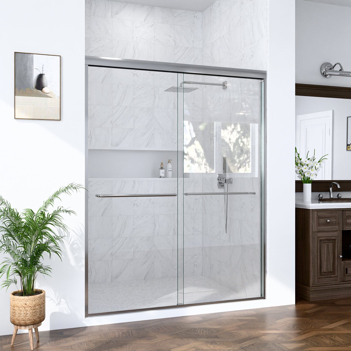 (NEW) 56"-60"W*72" H Semi-Frameless Double Sliding Shower Door, Bypass Shower Door, 1/4" (6mm) Thick SGCC Tempered Glass Door, Chrome image 2