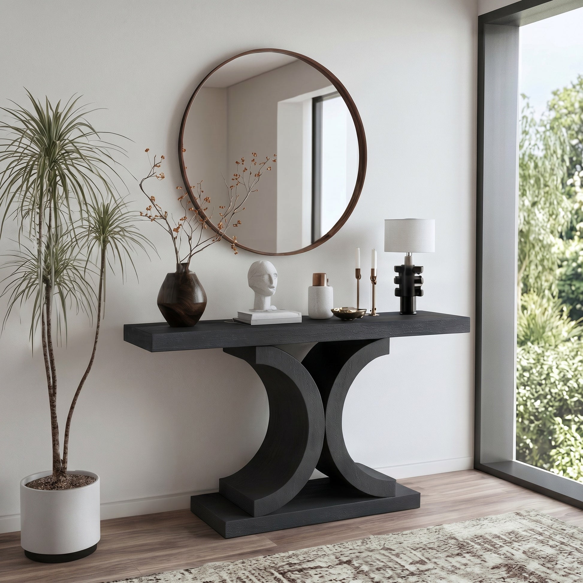 60" Black Console Table, Modern Narrow Sofa Table with Sculptural Curved Base, MDF with Real Wood Veneer Entryway Table, for Living Room, Hallway, Foyer, Black Oak image 5