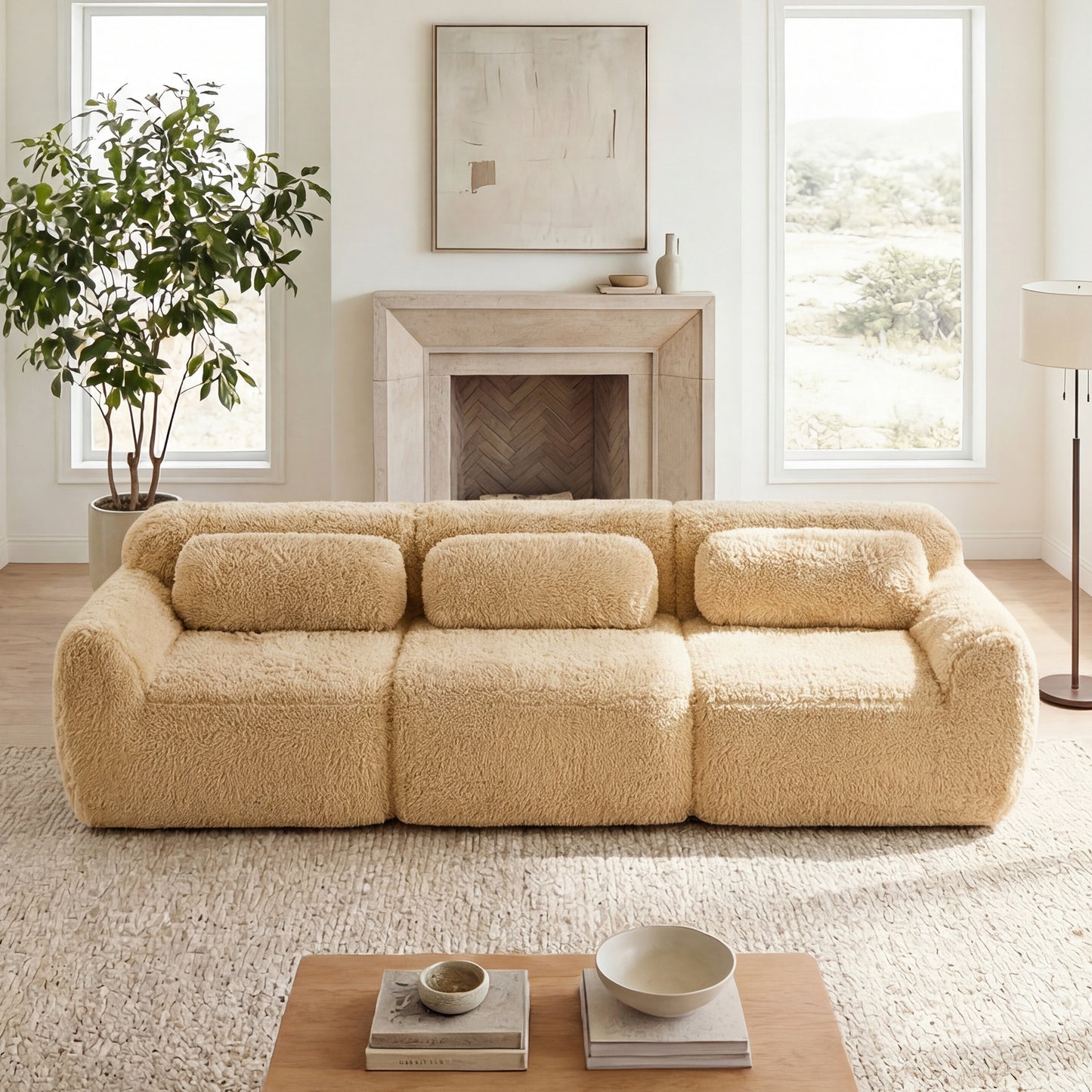 114''Soft And Fluffy Plush Fabric,Modular Sectional Sofa Couches,Ergonomic Design With Throw Pillows,Full-compression Vacuum Packaging Buckle Connection For Study,Home Theater,Light Khaki image 1