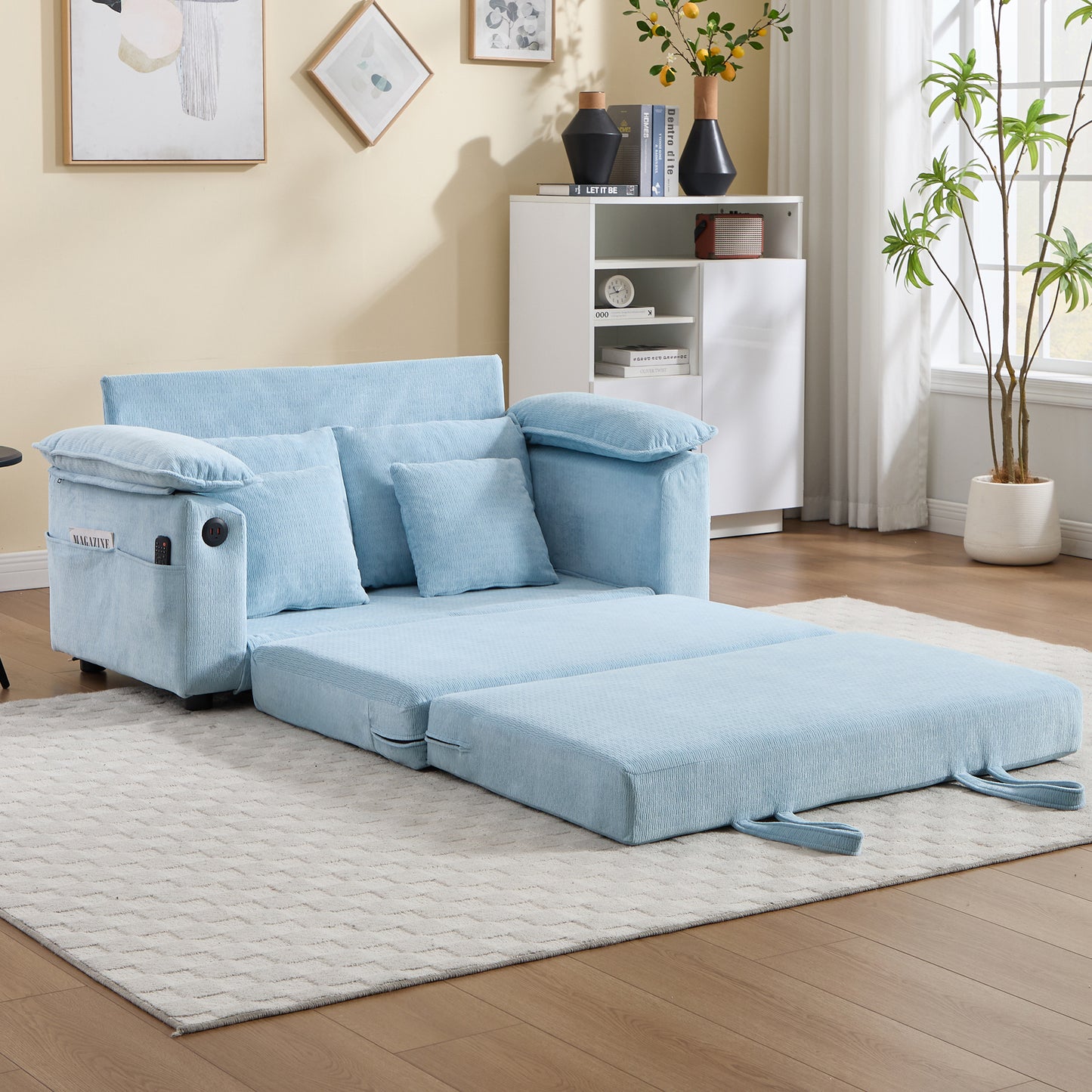 58 inch 3-in-1 Upholstered Futon Sofa Convertible Floor Sofa bed,Foldable Tufted Loveseat with Pull Out Sleeper Couch Bed,Folding Mattres Love Seat Daybed W/Side Pockets for Living Room Blue image 1