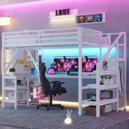 Metal Full Loft Bed with Wardrobe and LED Light, Full Size Loft Bed with L Shaped Desk and USB for Kids Teens Adults, White(Expect Arrival Date 2026/3/2) image 1