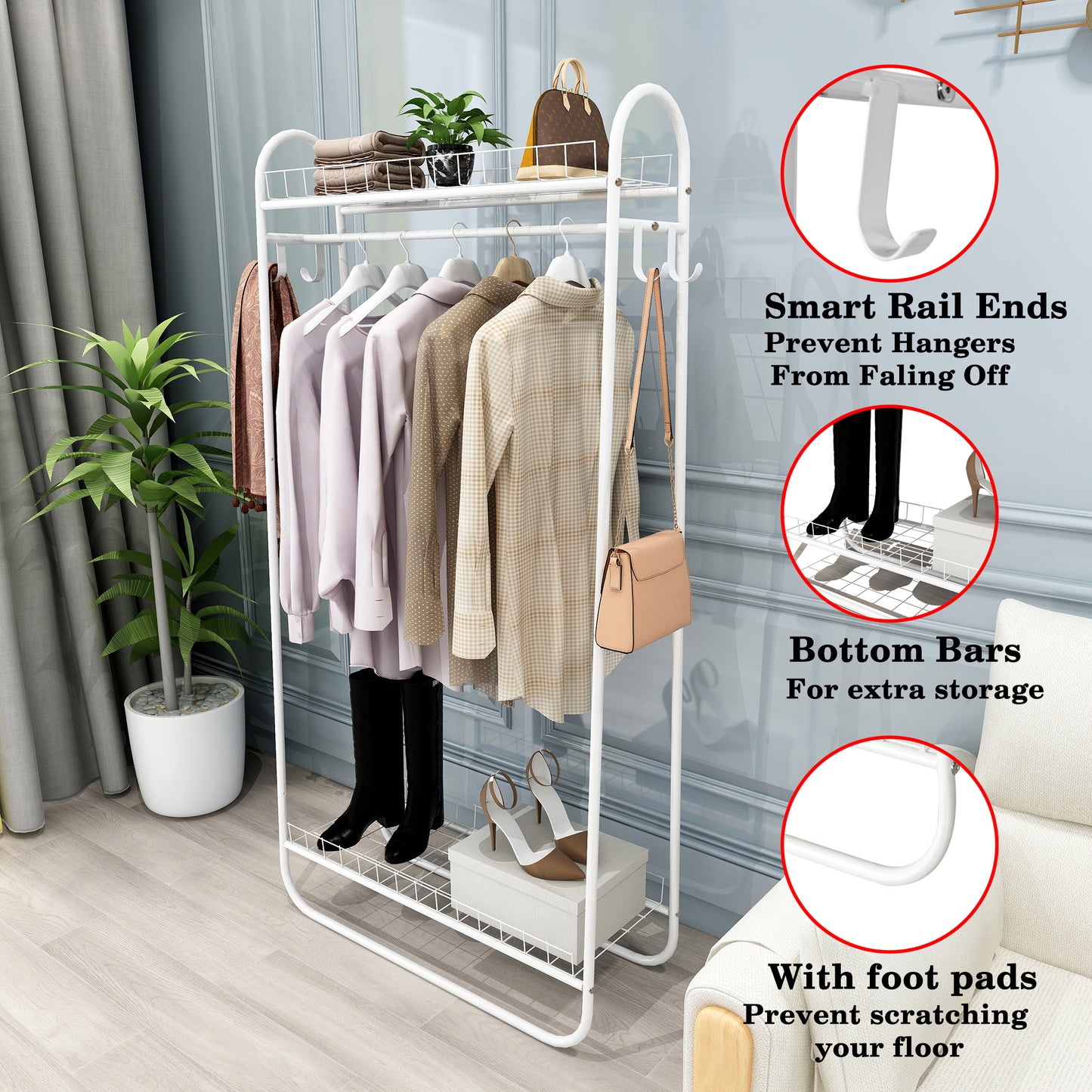 Garment Rack Freestanding Heavy Duty Clothing Rack, Metal Rolling Clothes Rack with Double Shelves, Portable Wardrobe Rack for Hanging Clothes image 6