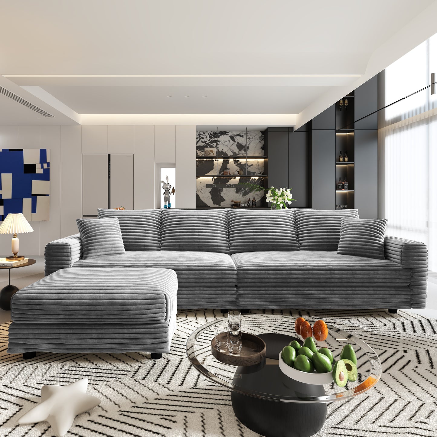 102.4 "Plush Corduroy 4-Seat Sofa,Modern Comfy Upholstered Sofa Cloud Couch,Deep Seat Couches with Soft Pillows and 2 Ottomans,Convertible Sofa Lounge Chair,Grey(Old SKU:W1885S00279) image 4