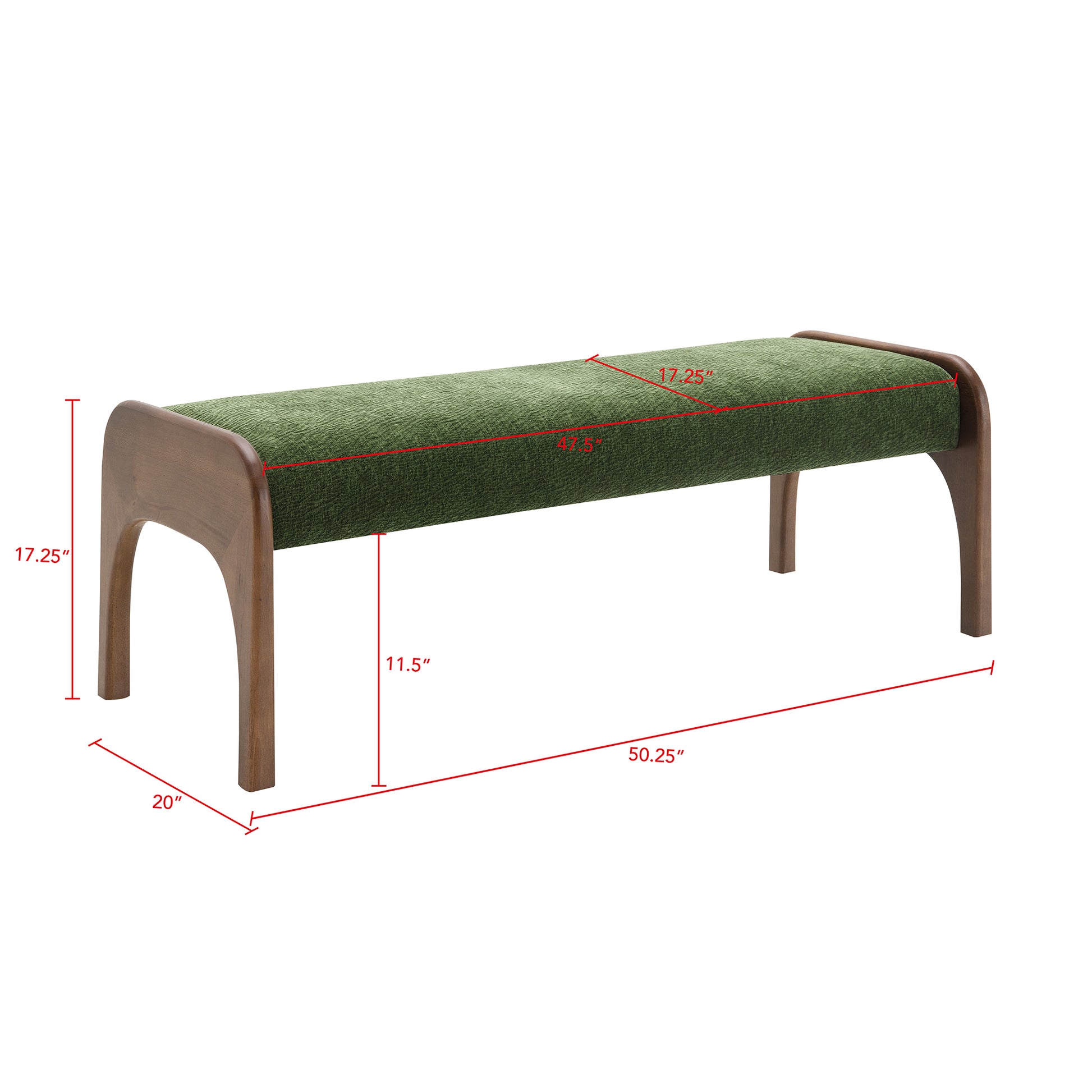 50.25 Inch Upholstered Long Bench, Modern Dining Bench with Soft Chenille Fabric &Rubber Wood Legs for Kitchen Table, Bedroom, Entryway,Chenille Green image 8