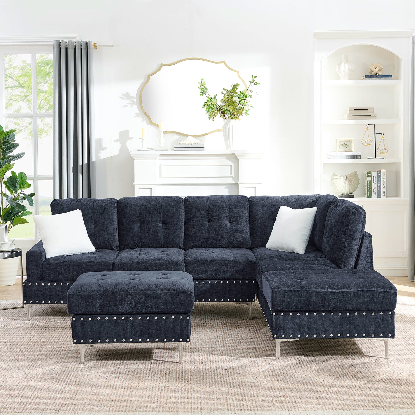 Sectional 3-Seaters Sofa with Chaise, Storage Ottoman, Metal Legs and Copper Nails,Two White Pillows,Navy Bule(102" x 76" x35") image 3