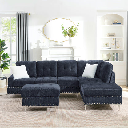 Sectional 3-Seaters Sofa with Chaise, Storage Ottoman, Metal Legs and Copper Nails,Two White Pillows,Navy Bule(102" x 76" x35") image 3