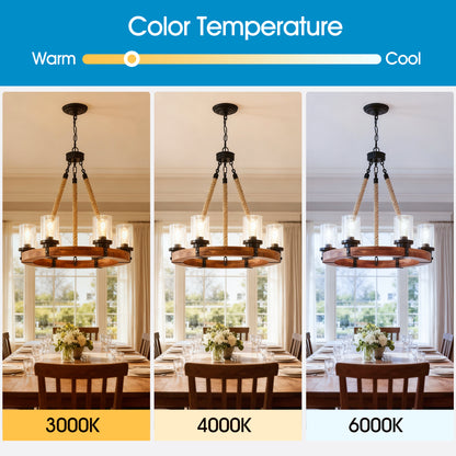 23.62 INCH Round Wood Pendant Light with Seeded Glass Shade, Rustic 6-Light Wagon Wheel Chandelier,Farmhouse Chandeliers for Dining Room Kitchen Island Foyer Entryway (8 Light)--NO INCLUDED BULBS image 4