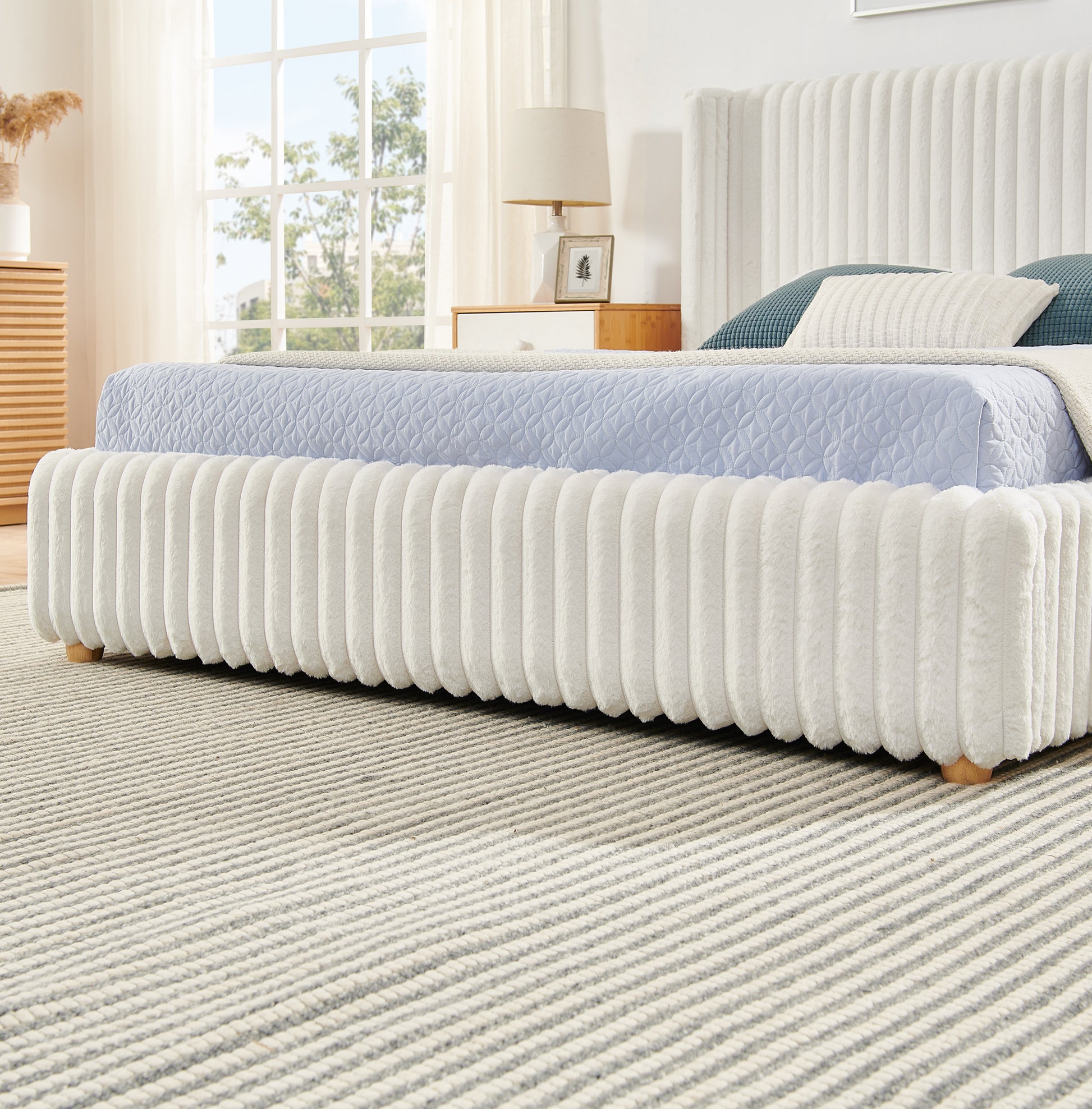Queen Functional Vertical Striped Bed with Gas Lift Storage, Luxury Fluffy Rabbit Fur Fabric Up-holstered Double Bed image 6