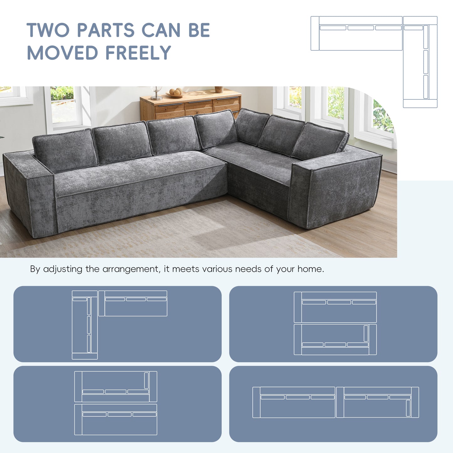 [VIDEO+New]129.5" Minimalist Style Modular Sectional Sofa,6 Seat Wrinkle-resistant Chenille Couch Set,2 PC Free Combination,Modern L-Shaped Cloud Sofa Set for Living Room,No Assembly Require,3 Colors image 6