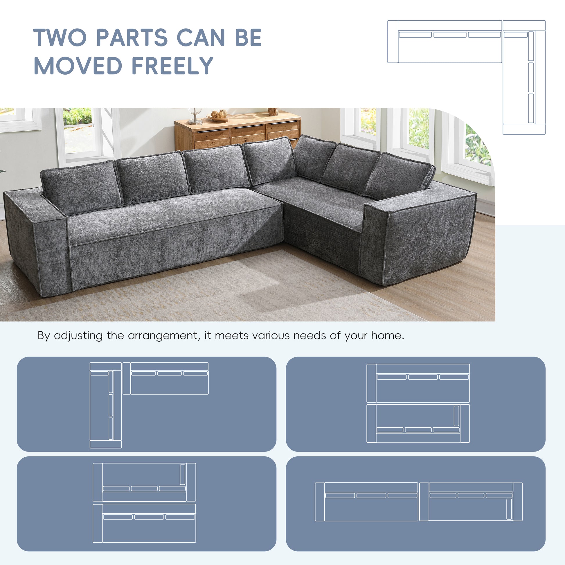 [VIDEO+New]129.5" Minimalist Style Modular Sectional Sofa,6 Seat Wrinkle-resistant Chenille Couch Set,2 PC Free Combination,Modern L-Shaped Cloud Sofa Set for Living Room,No Assembly Require,3 Colors image 6