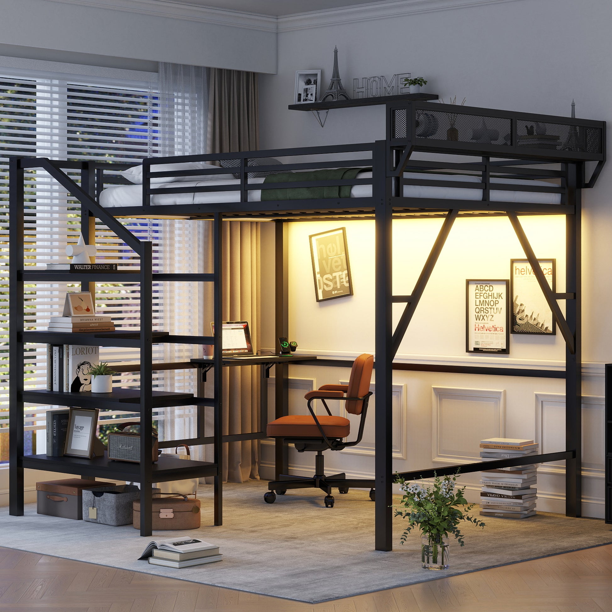 Queen Size Loft Bed with Foldable Desk and Charging Station,Metal Queen Loft Bed with Light Strip and Staircase Storage for Kids Teens Adults, Patent Products,Black(Expect Arrival Date 2026/4/10) image 4
