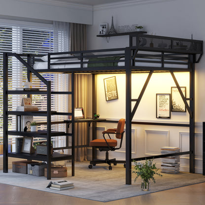 Queen Size Loft Bed with Foldable Desk and Charging Station,Metal Queen Loft Bed with Light Strip and Staircase Storage for Kids Teens Adults, Patent Products,Black(Expect Arrival Date 2026/4/10) image 4
