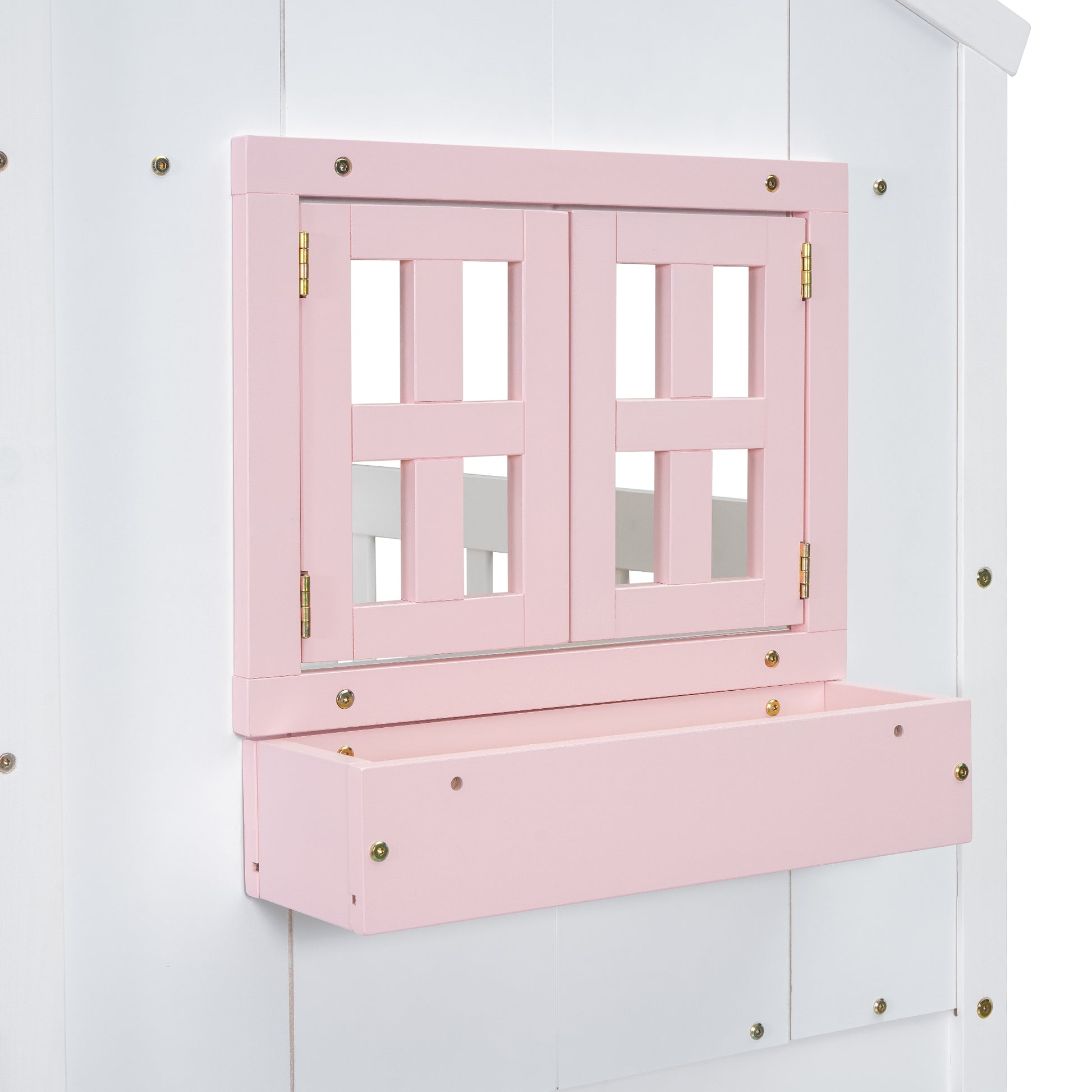 Twin over Twin House Bunk Bed with Roof, Window, Window Box, Door, with Safety Guardrails and Ladder, Pink/White image 8