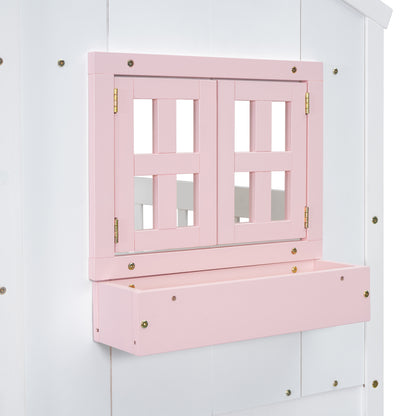 Twin over Twin House Bunk Bed with Roof, Window, Window Box, Door, with Safety Guardrails and Ladder, Pink/White image 8