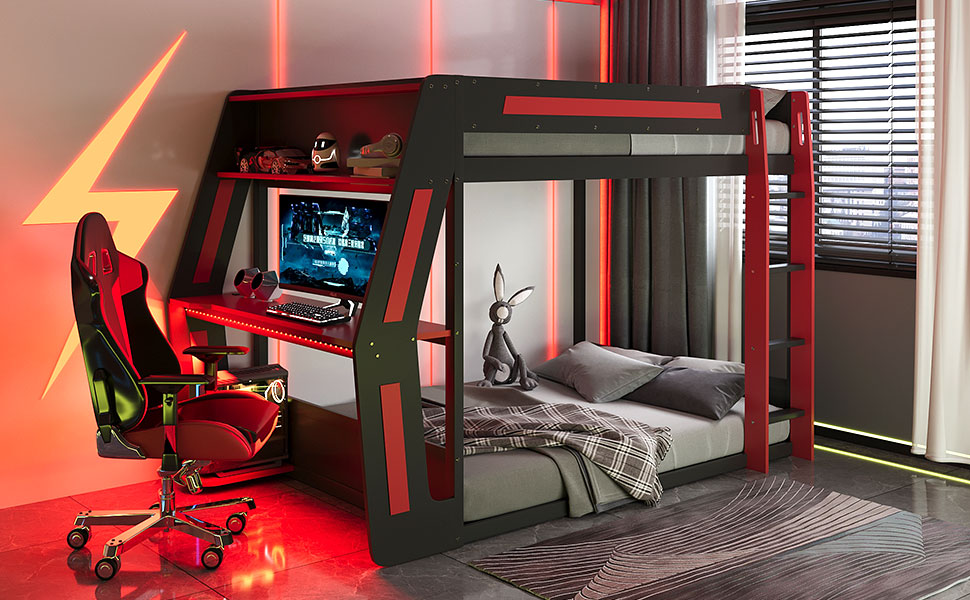 Full-Size Gaming Bunk Bed with Side-Mounted Oversized RGB Desk, USB Charging Ports & Cable Grommet, LED Light Strip, Heavy-Duty Esports Loft Frame – Cool Design-Red image 3