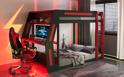 Full-Size Gaming Bunk Bed with Side-Mounted Oversized RGB Desk, USB Charging Ports & Cable Grommet, LED Light Strip, Heavy-Duty Esports Loft Frame – Cool Design-Red image 3