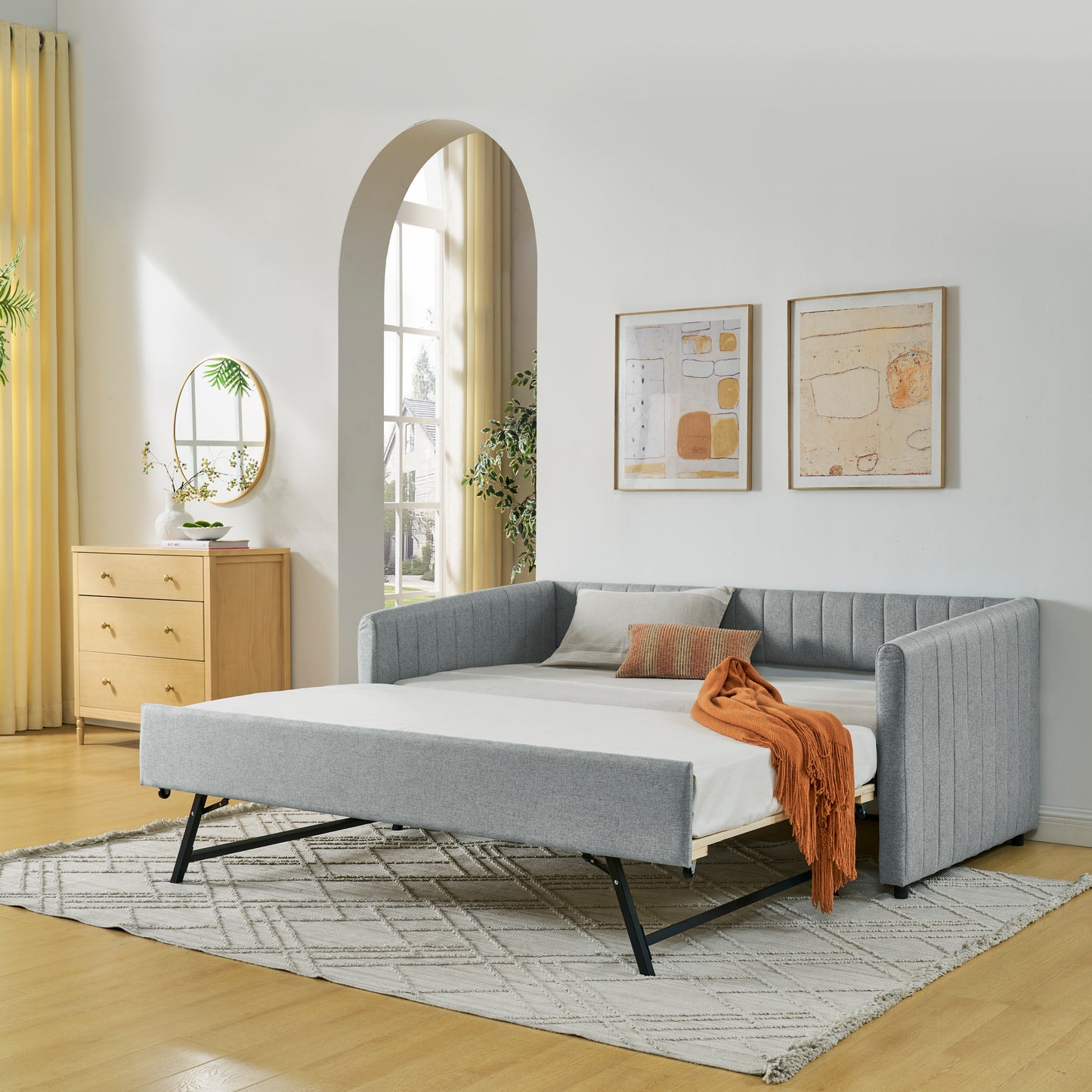 Twin Size Daybed with Trundle Upholstered Sofa Bed, with Vertical Stripes, Linen Fabric, Grey (82.5"x43"x30") image 1