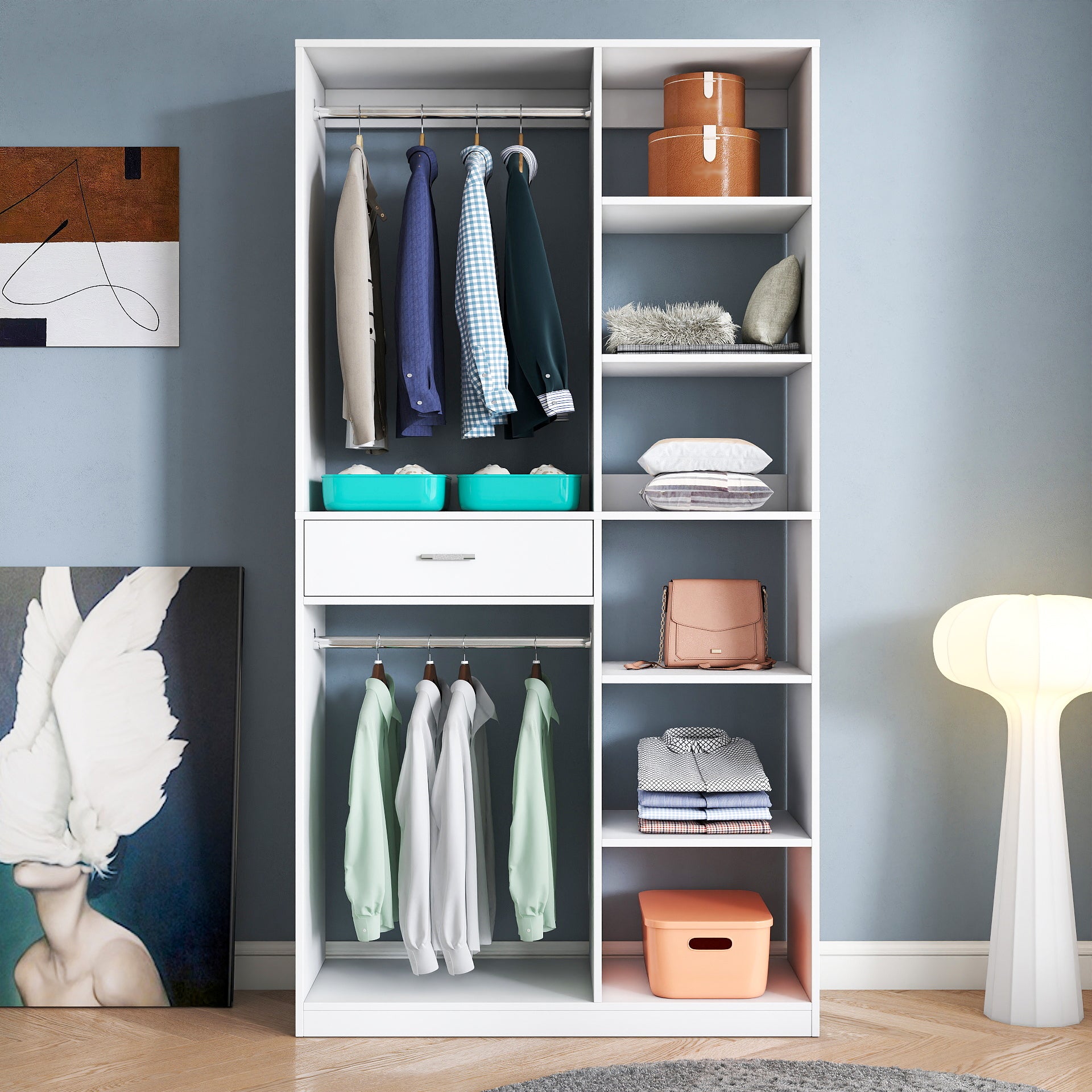 Freestanding Closet System, Stand-Alone Wardrobe with 6 open Shelves,74.8'' Heigh Closetwith 1 Wood Drawers, Wood Walk-in Closet with 2 Hanging Rod, White image 1