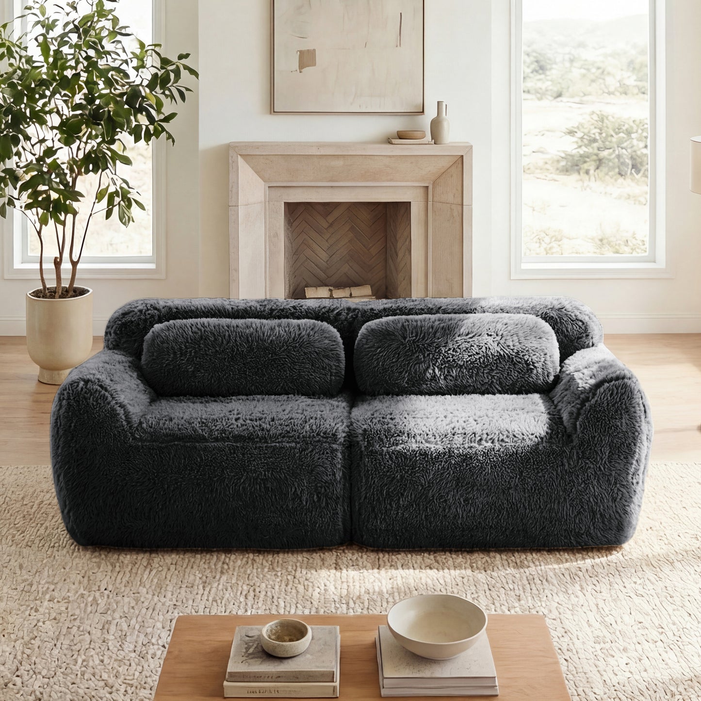 2-seater Modular Sectional Sofa Couches,Soft Fluffy Plush Fabric Bottom Anti-Slip Design,32D High Density Sponge,No Assembly Required Ergonomic Design,With Throw Pillows Fits Living Rooms,Dark Grey image 1