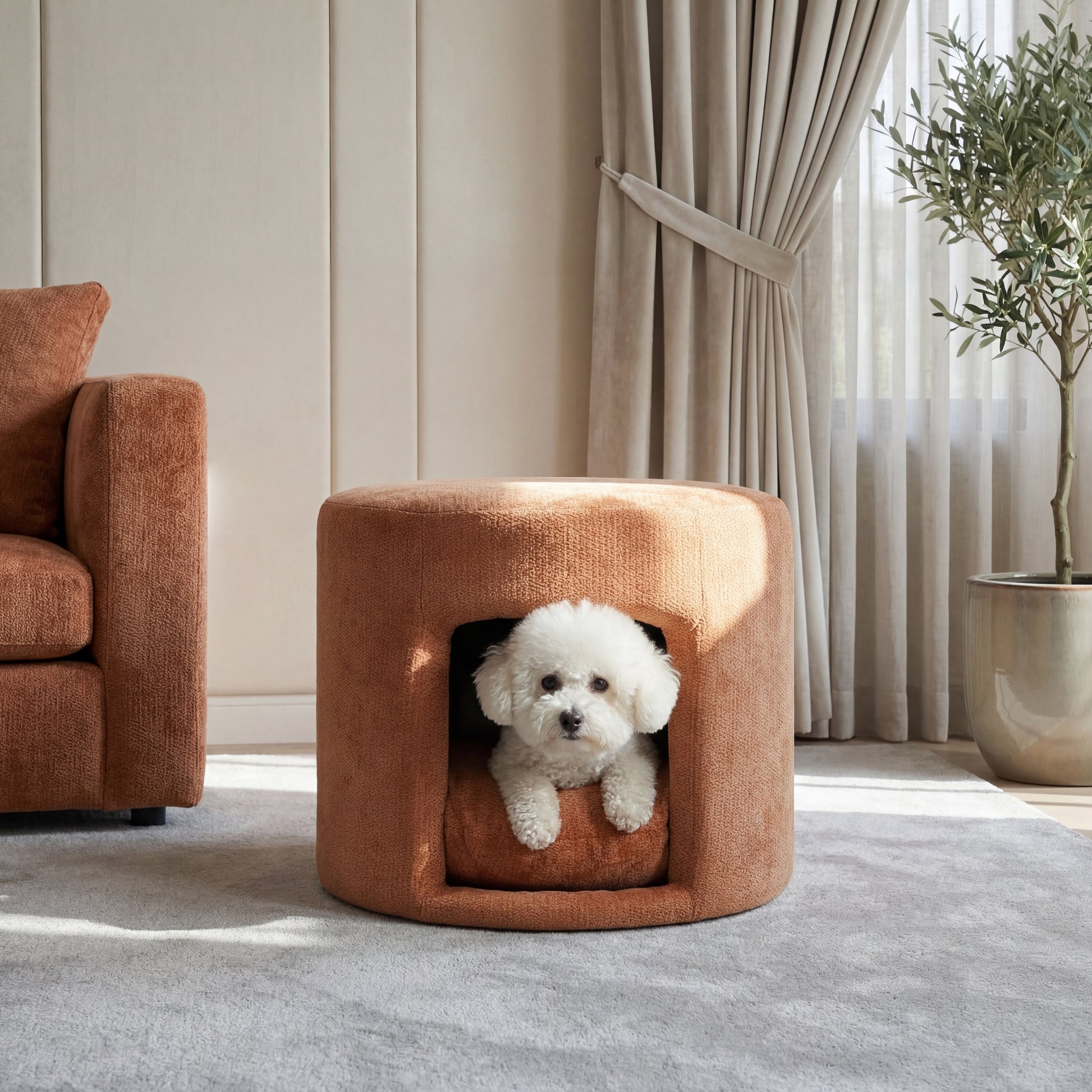Orange Pet Friendly Ottoman with Removable Pet Cushion, Hidden Pet Nook, Acacia Wood Legs, 220 lbs Capacity, Upholstered Footrest Stool for Living Room image 1