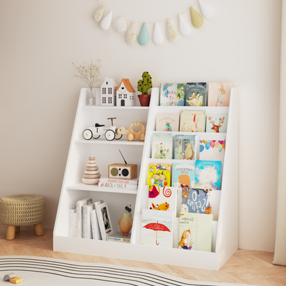 New Kids Bookshelf and Toy Storage Organizer, Multifunctional 4 Tier Wooden Kids Book Shelf with Bookcase Display Stand in Kids Room Playroom Nursery for Kids, Children, Toddlers (White) image 12