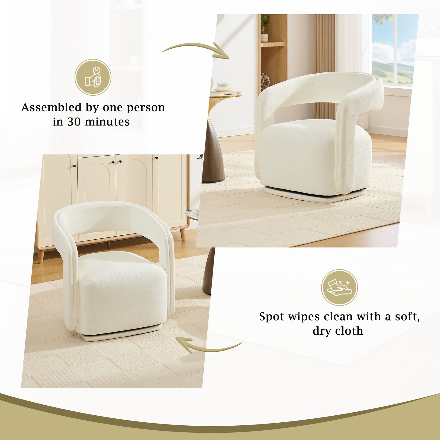 065-Chenille Fabric Swivel Accent Armchair, Comfy Barrel Leisure Chair With Curved Backrest, Upholstered Reading Chair With Black Swivel Base, 22-inch large seat depth and width, White image 8