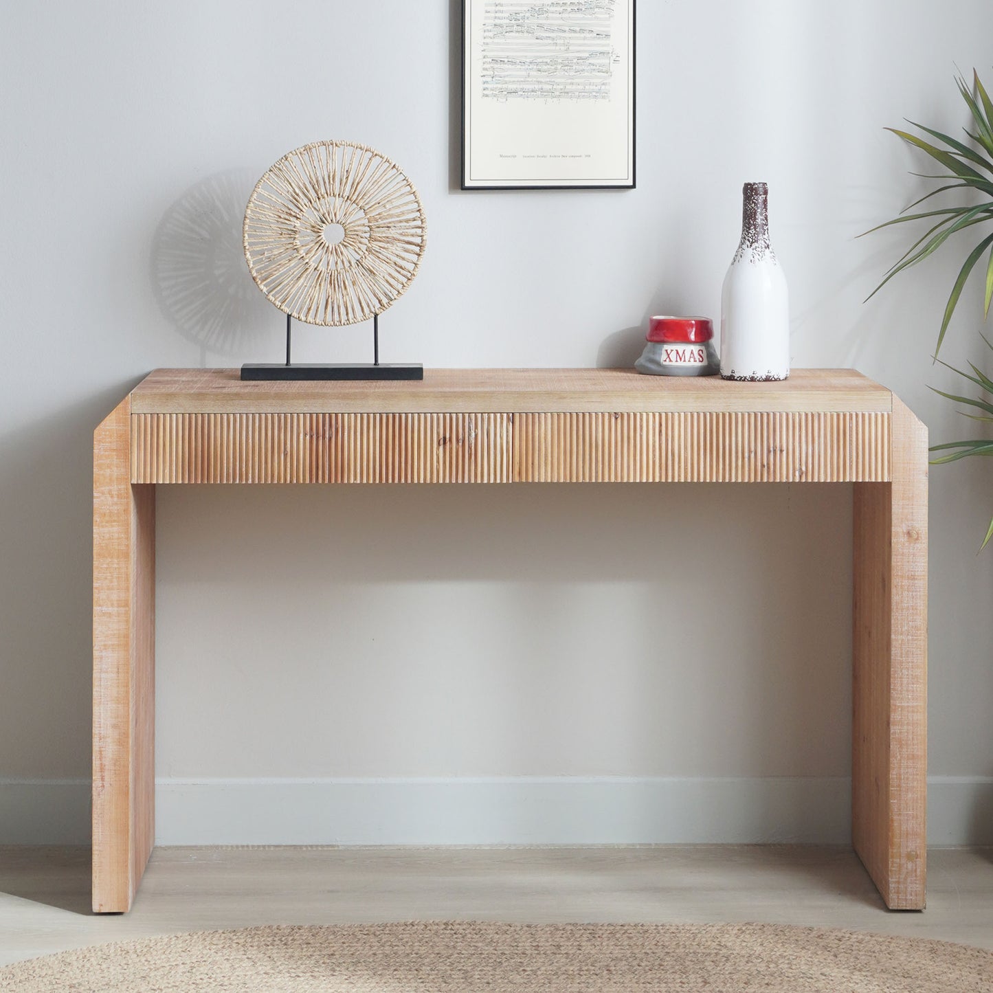 Rustic Wooden Console Table with Drawer – Minimalist Design, Ribbed Texture, and Natural Finish image 1