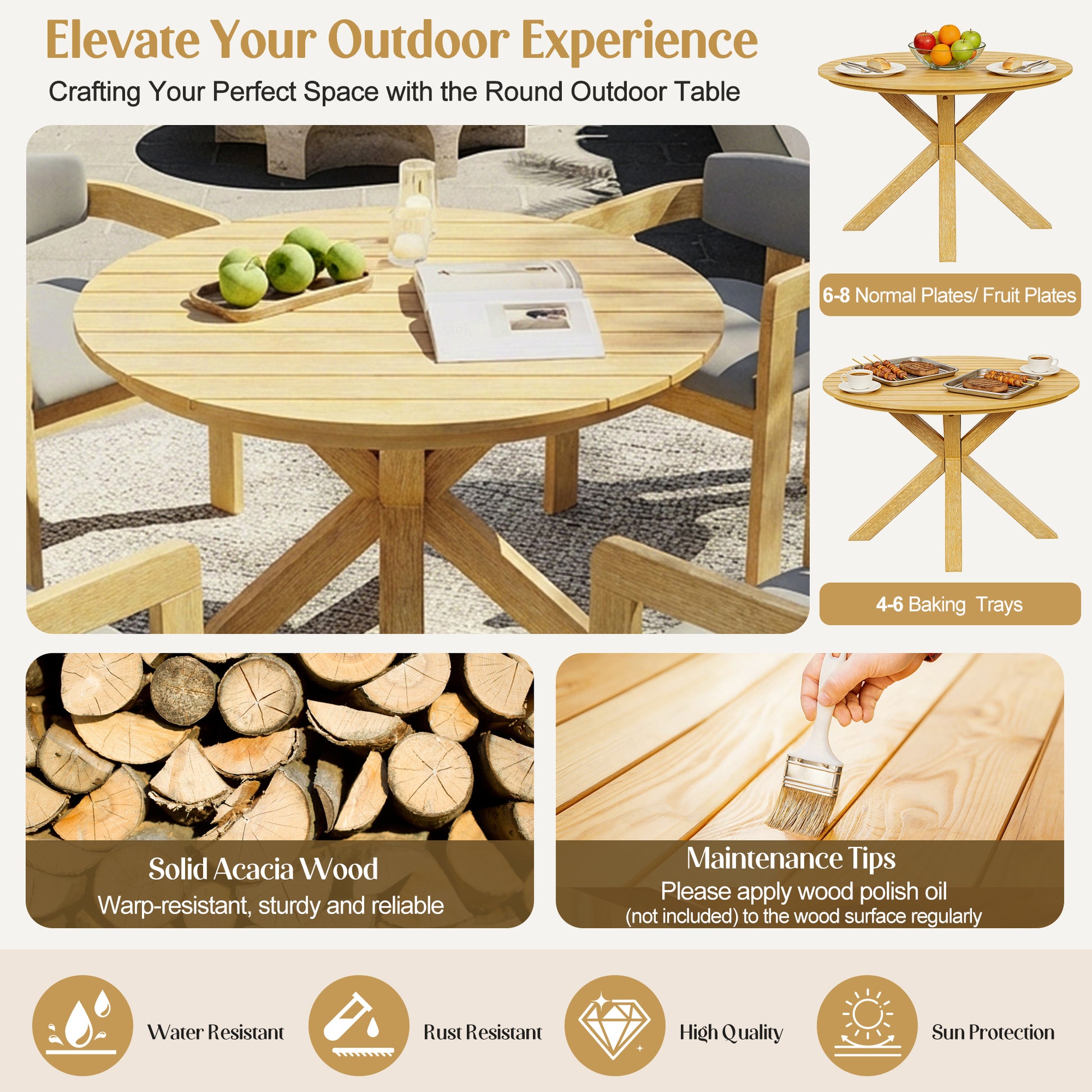 5-Piece Outdoor Acacia Wood Round Dining Set, Solid Wood Patio Table with 4 Barrel Chairs, Cushioned Seats & Backs, Modern Garden Conversation Set, Gray Cushion image 5