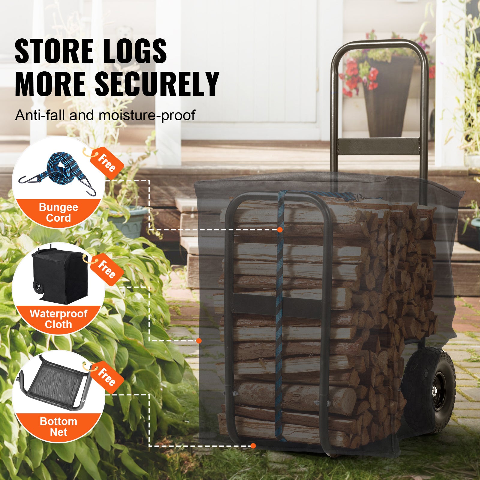 Firewood Log Cart, 250 lbs Capacity, Outdoor and Indoor Wood Rack Storage Mover with PU Wheels & Waterproof Cloth, Heavy Duty Steel Dolly Hauler, Firewood Carrier for Fireplace, Fire Pit, Black image 7