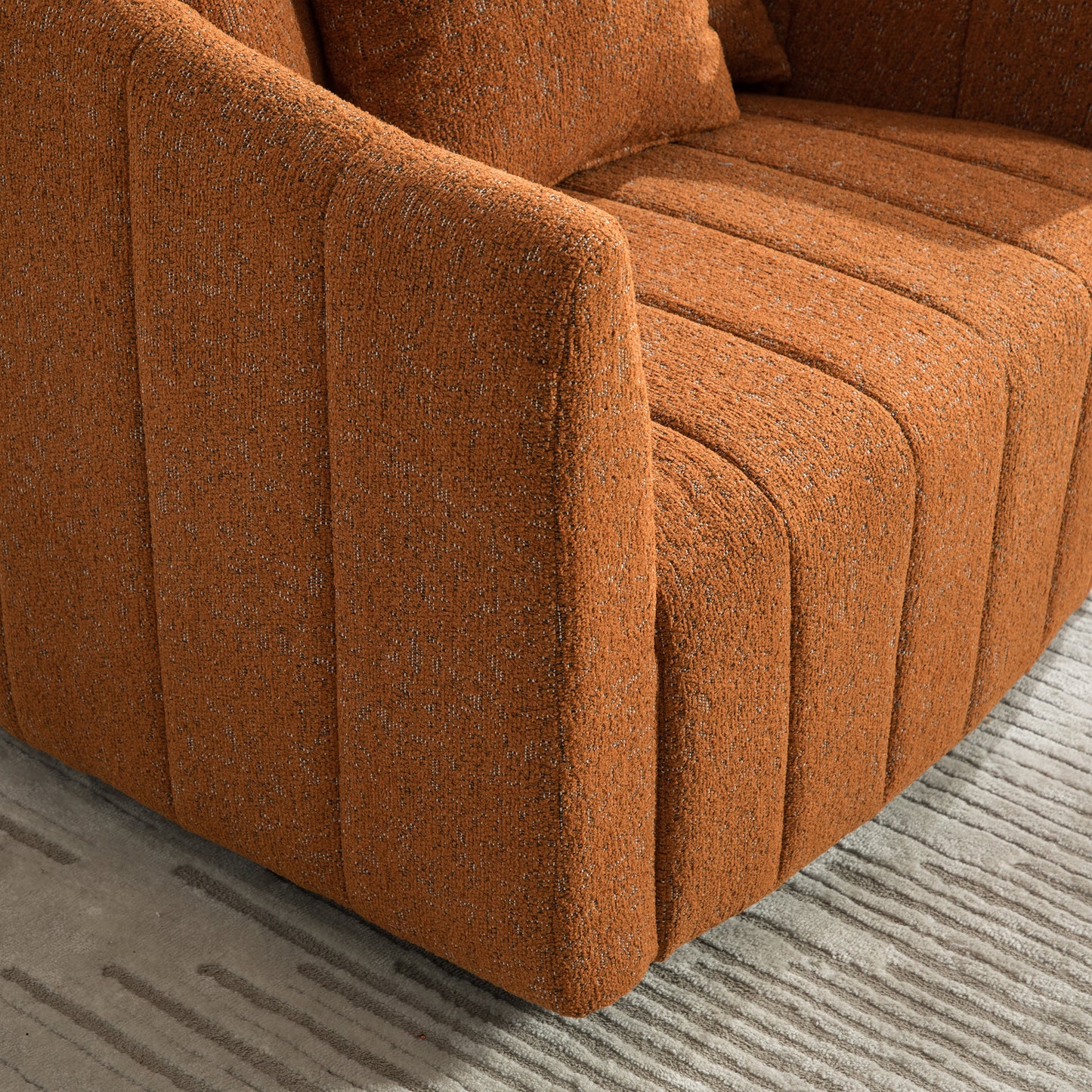 39"W Upholstered Oversized 360° Swivel Accent Barrel Chair and Half Cozy Sofa with 3 Pillows, Chenille Channel Tufted Pumpkin-Shape Club Armchair for Living Room, Bedroom, Office, Lounge,Orange image 7