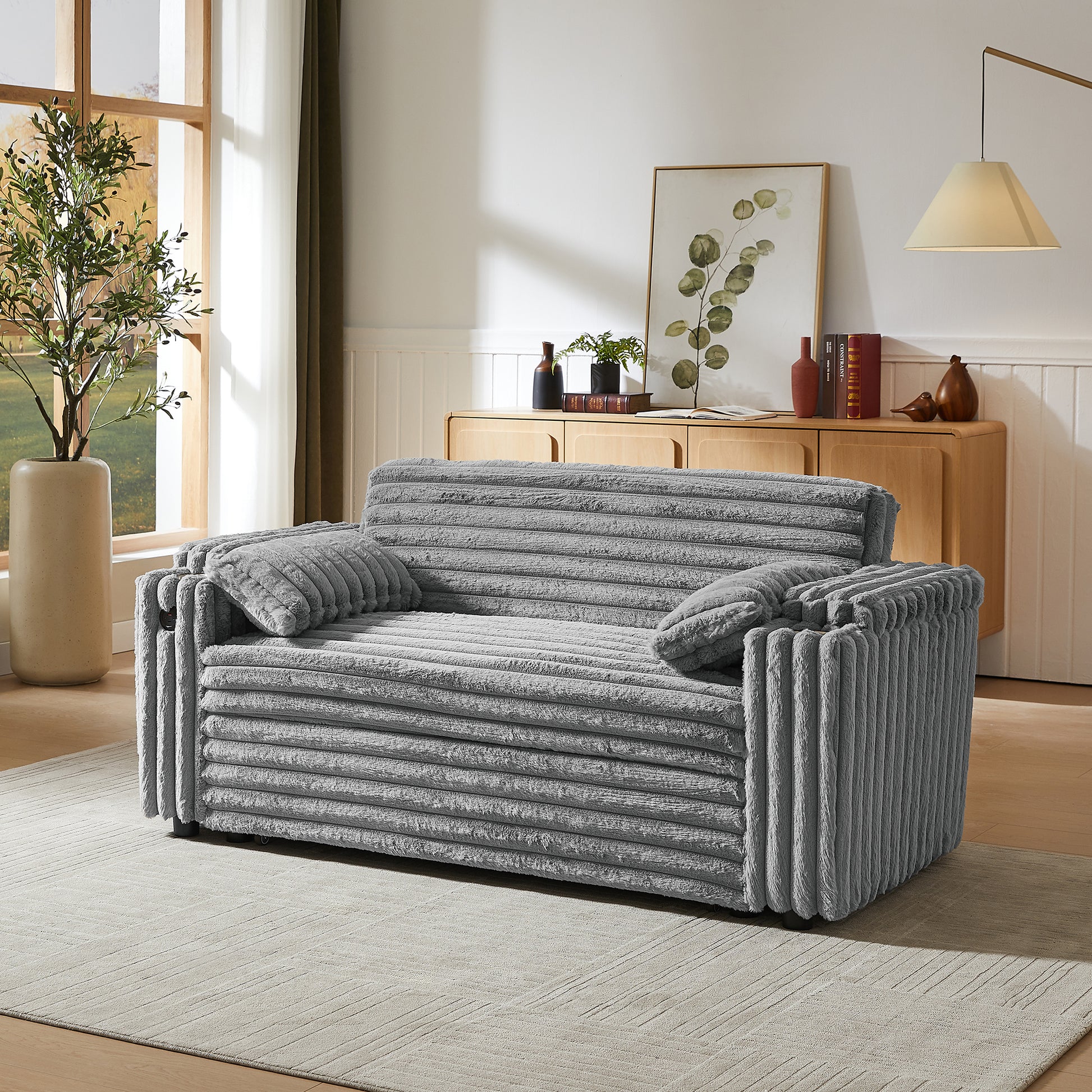 Light Grey Corduroy Sofa Bed with Pull Out Bed image 4