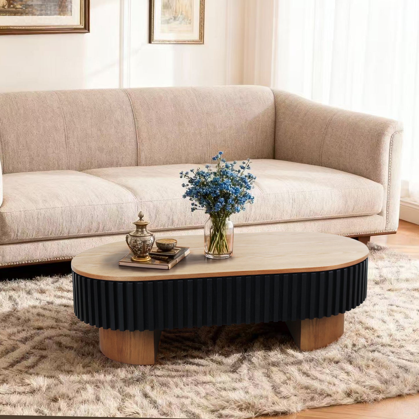 43.7" Oval Coffee Table With Hidden Storage,Fluted Modern Minimalist Wood Coffee Table for Living Room, Oval Center Table, Walnut + Black. image 10