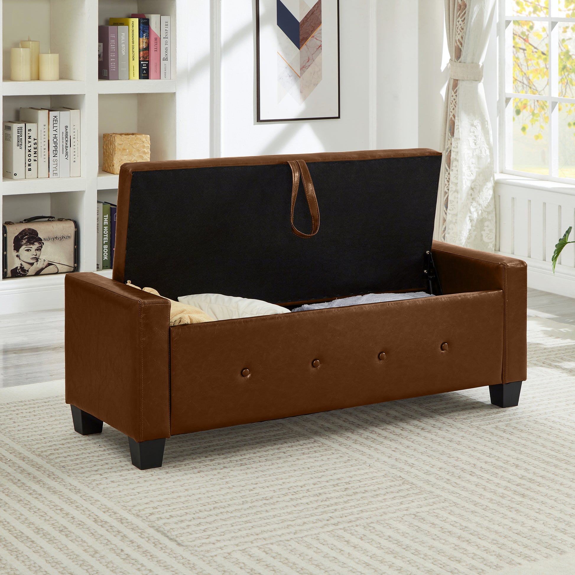 48" Ottoman Bench with Storage, Bench for Bedroom,Living Room,Hallway, Upholstered Tufted Faux Leather PU Ottoman Brown image 3