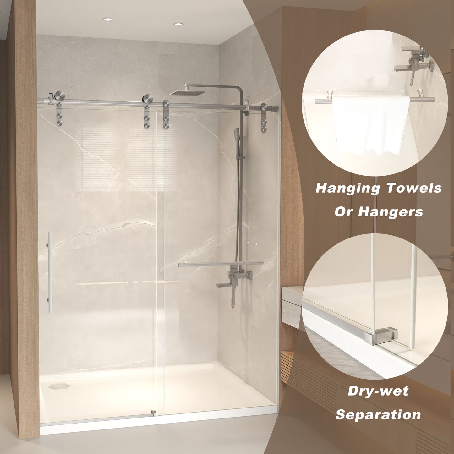 50-54" x 76" H Frameless Sliding Shower Door, 5/16" (8mm) Clear Tempered Glass, Stainless Steel Frame,Brushed Nickel image 6