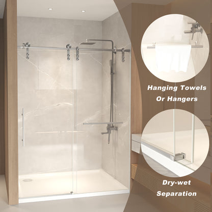 50-54" x 76" H Frameless Sliding Shower Door, 5/16" (8mm) Clear Tempered Glass, Stainless Steel Frame,Brushed Nickel image 6